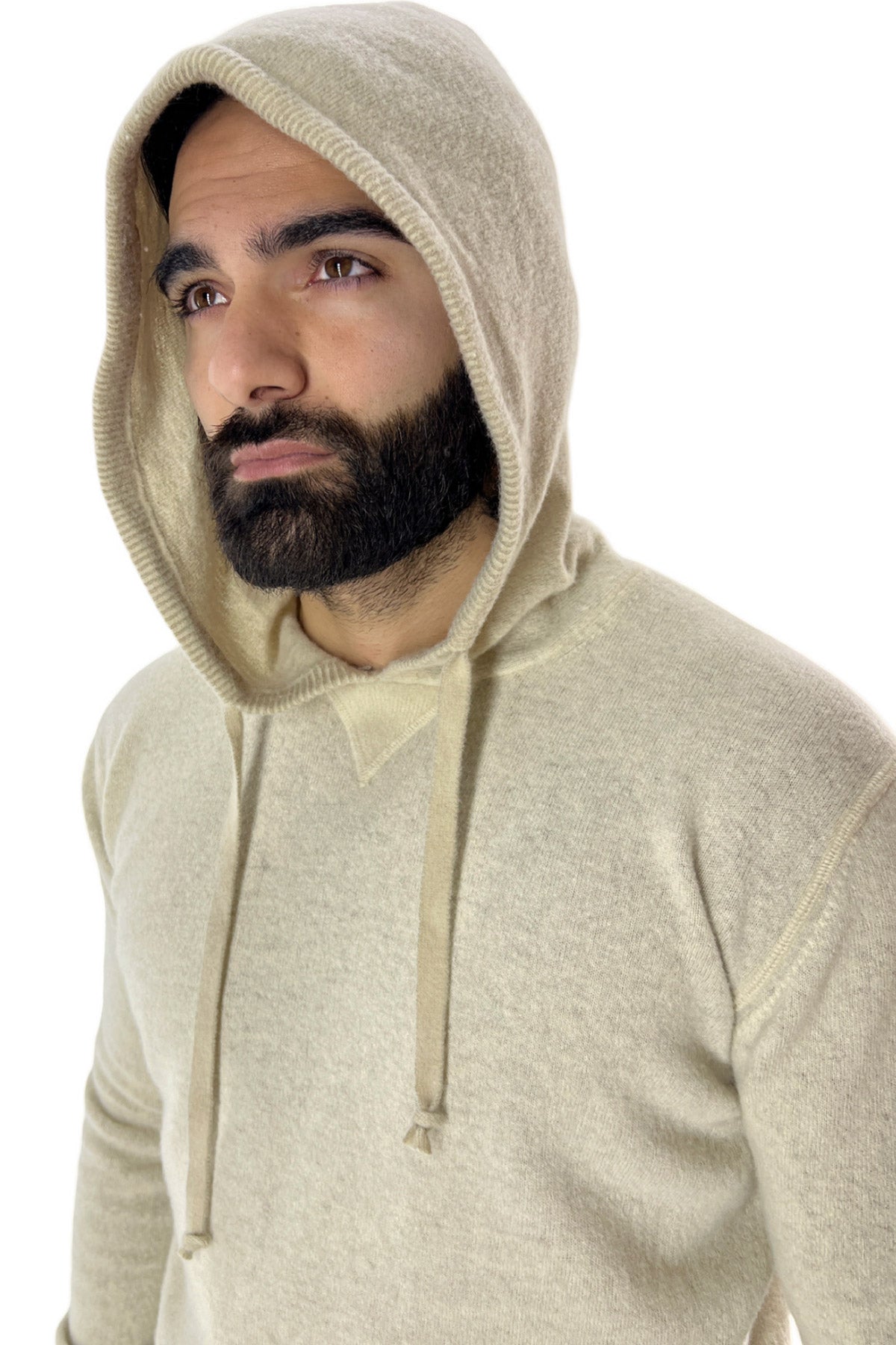 Felpa da uomo con cappuccio beige in lana merinos made in italy