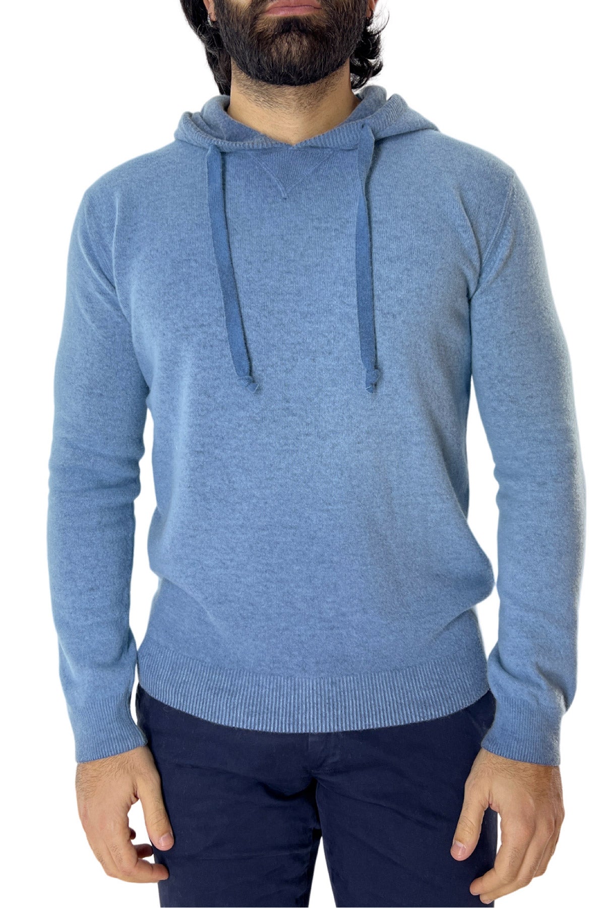 Felpa da uomo con cappuccio azzurra in lana merinos made in italy