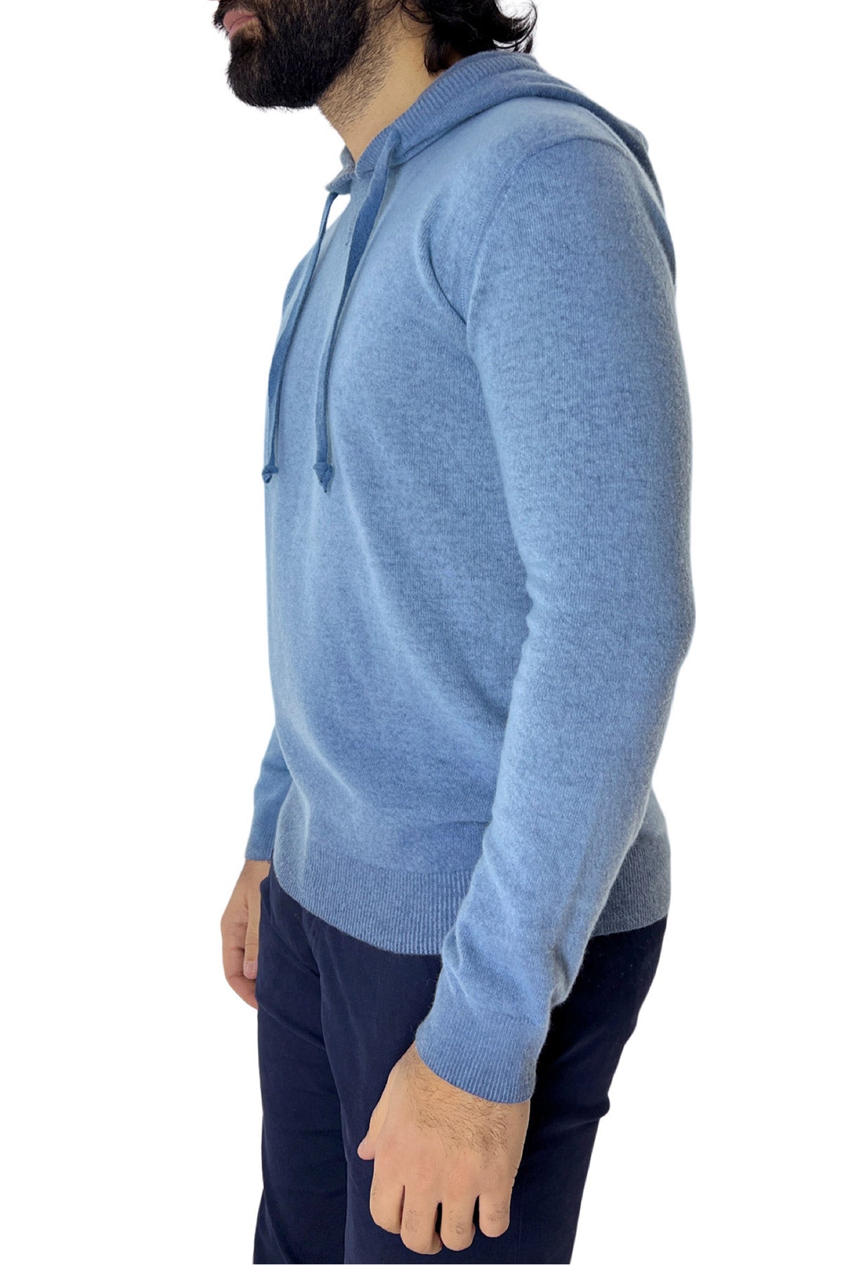 Felpa da uomo con cappuccio azzurra in lana merinos made in italy
