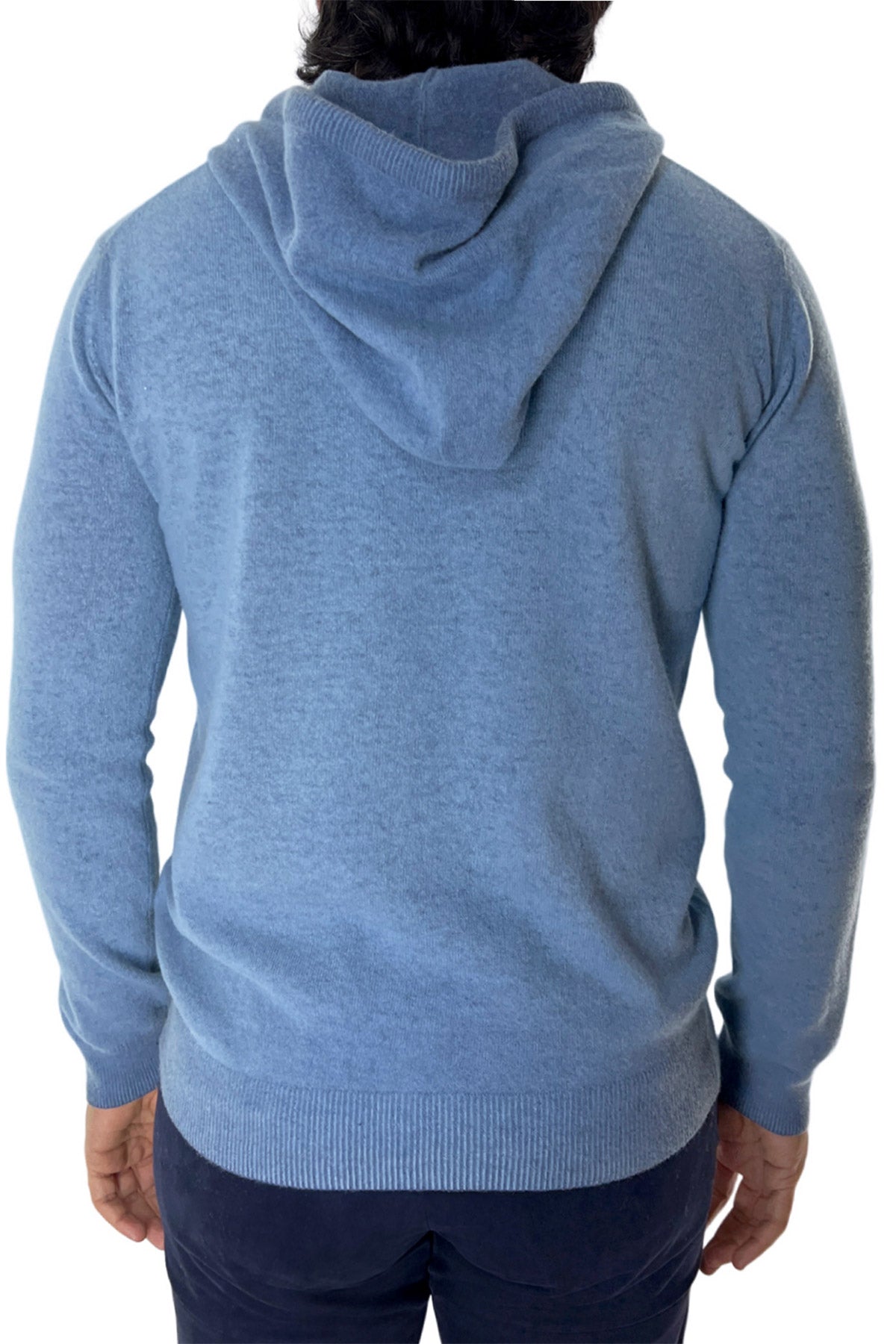 Felpa da uomo con cappuccio azzurra in lana merinos made in italy
