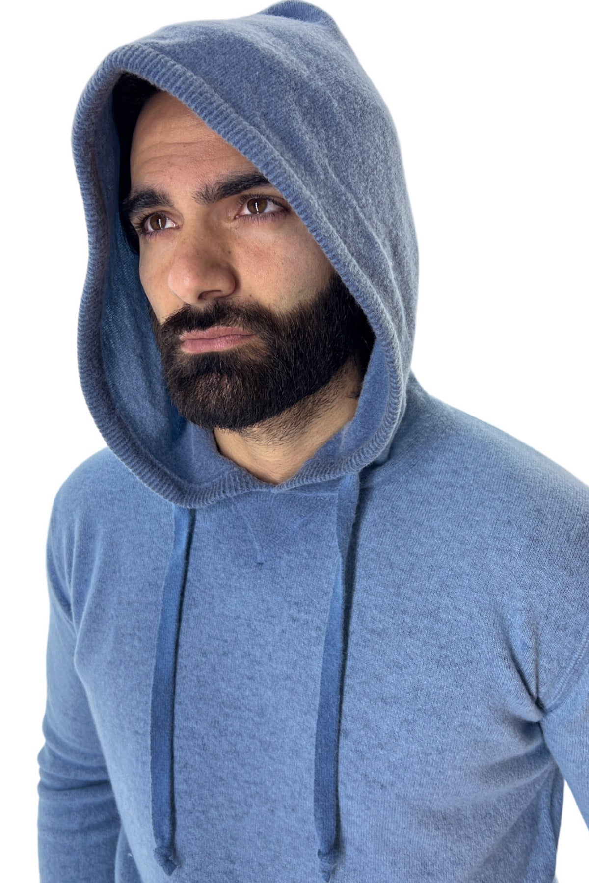 Felpa da uomo con cappuccio azzurra in lana merinos made in italy