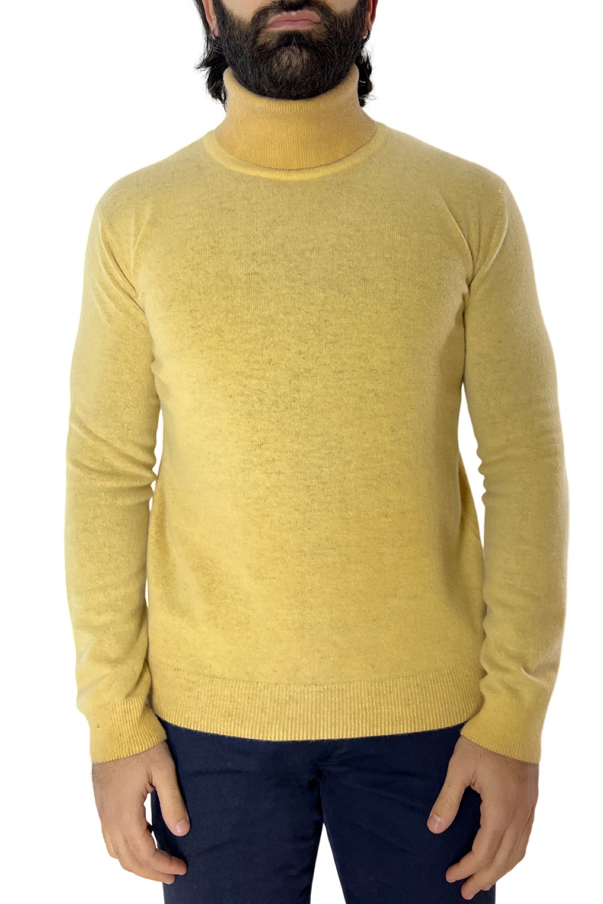 Maglione collo alto da uomo giallo stone wash in lana made in italy tinta unita