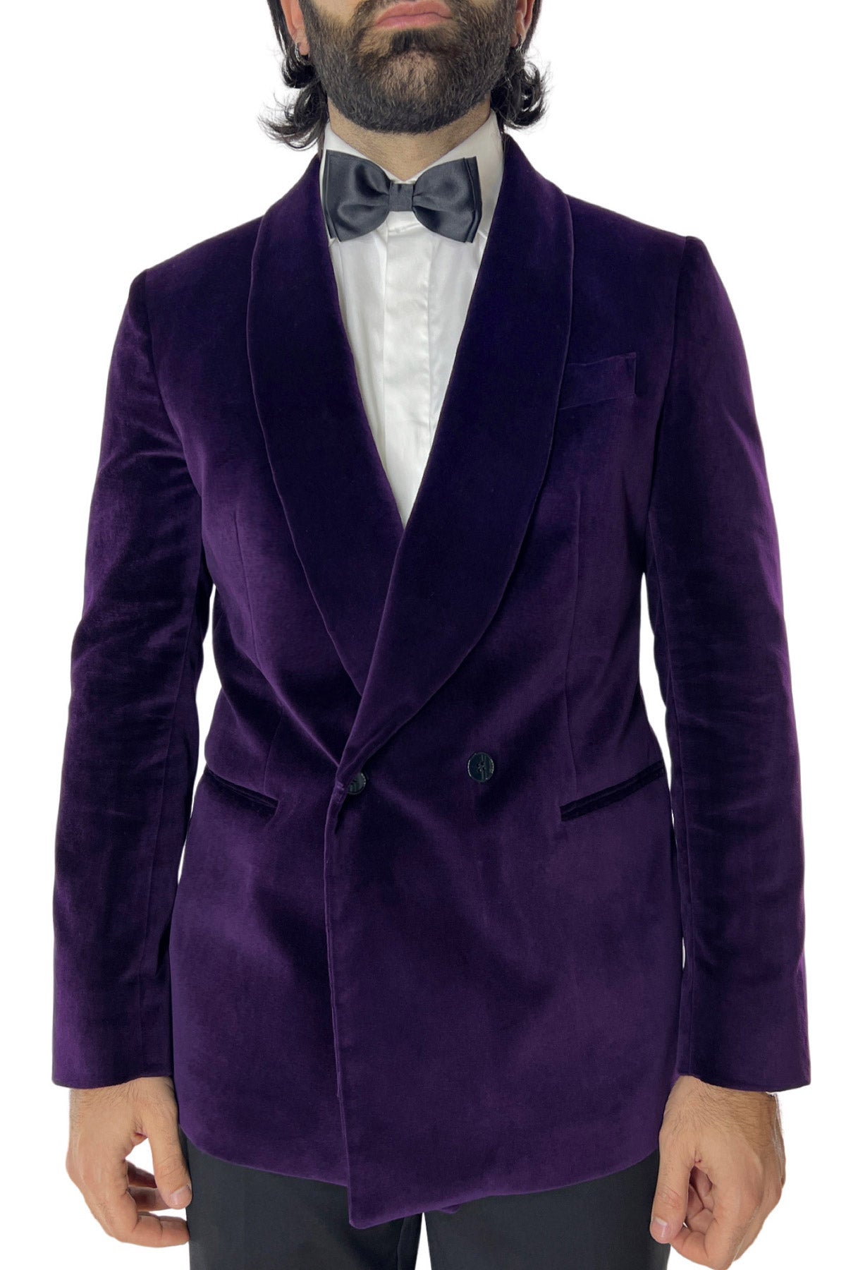 Giacca  uomo doppiopetto viola in velluto liscio Holland & Sherry con rever a scialle
