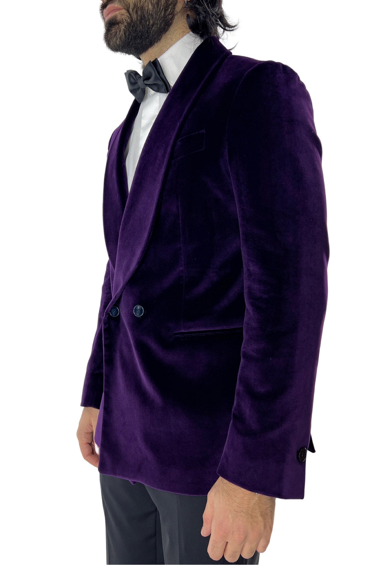 Giacca  uomo doppiopetto viola in velluto liscio Holland & Sherry con rever a scialle