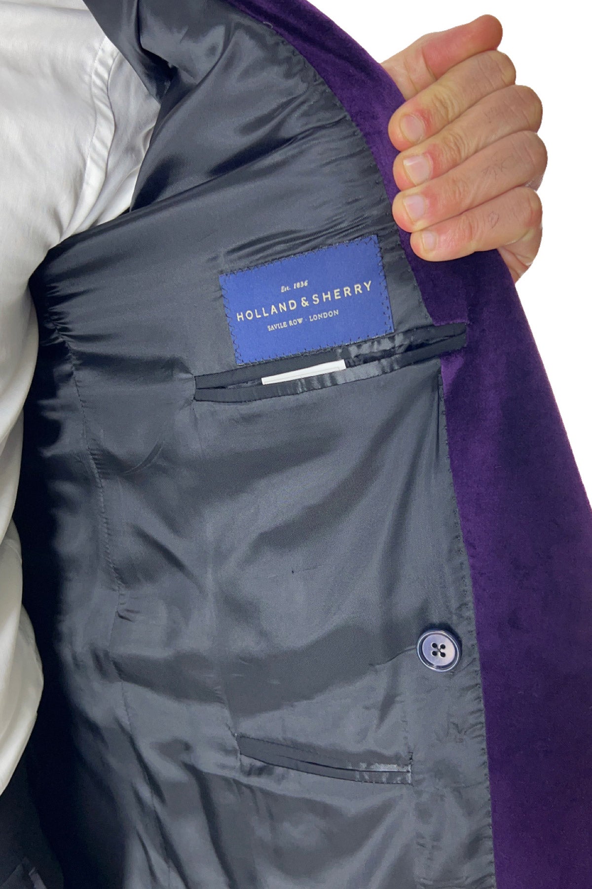 Giacca  uomo doppiopetto viola in velluto liscio Holland & Sherry con rever a scialle