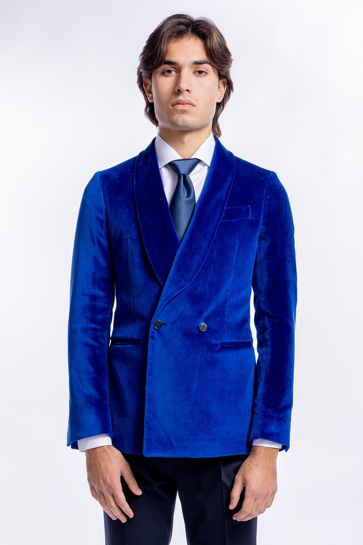 Giacca  uomo doppiopetto royal blu in velluto liscio Holland & Sherry con rever a scialle