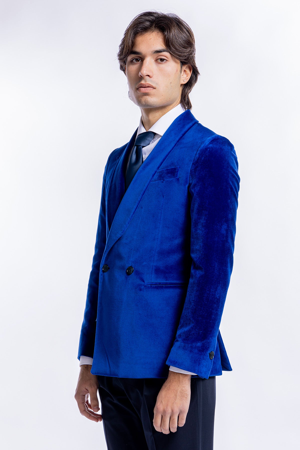 Giacca  uomo doppiopetto royal blu in velluto liscio Holland & Sherry con rever a scialle