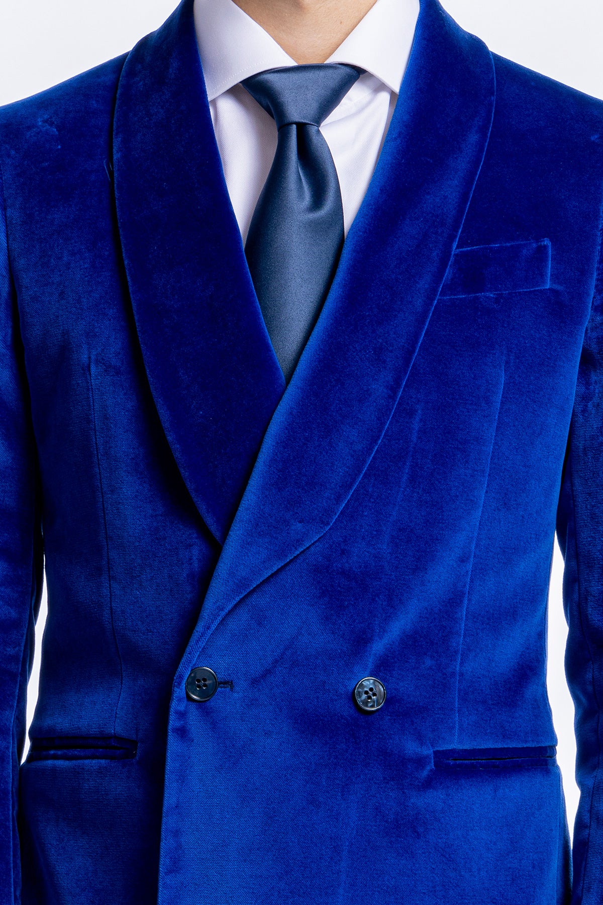 Giacca  uomo doppiopetto royal blu in velluto liscio Holland & Sherry con rever a scialle