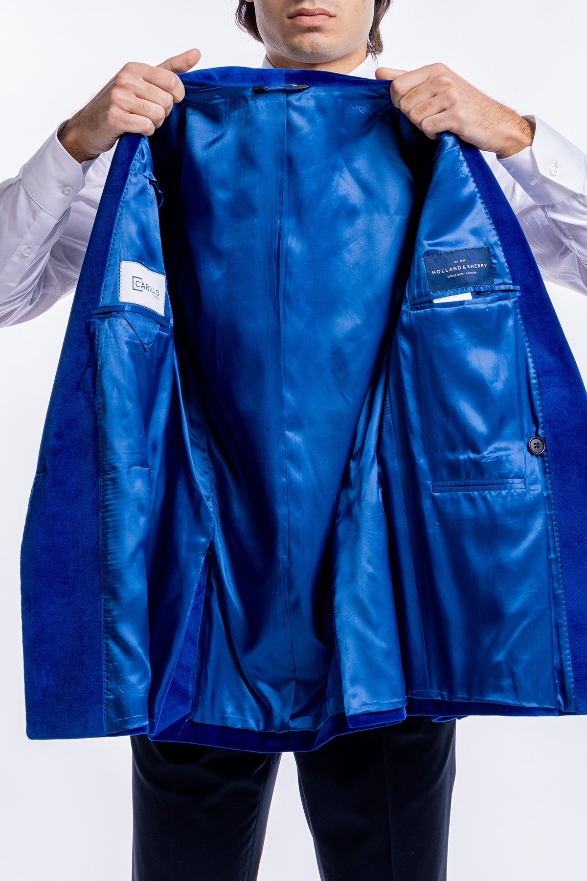 Giacca  uomo doppiopetto royal blu in velluto liscio Holland & Sherry con rever a scialle