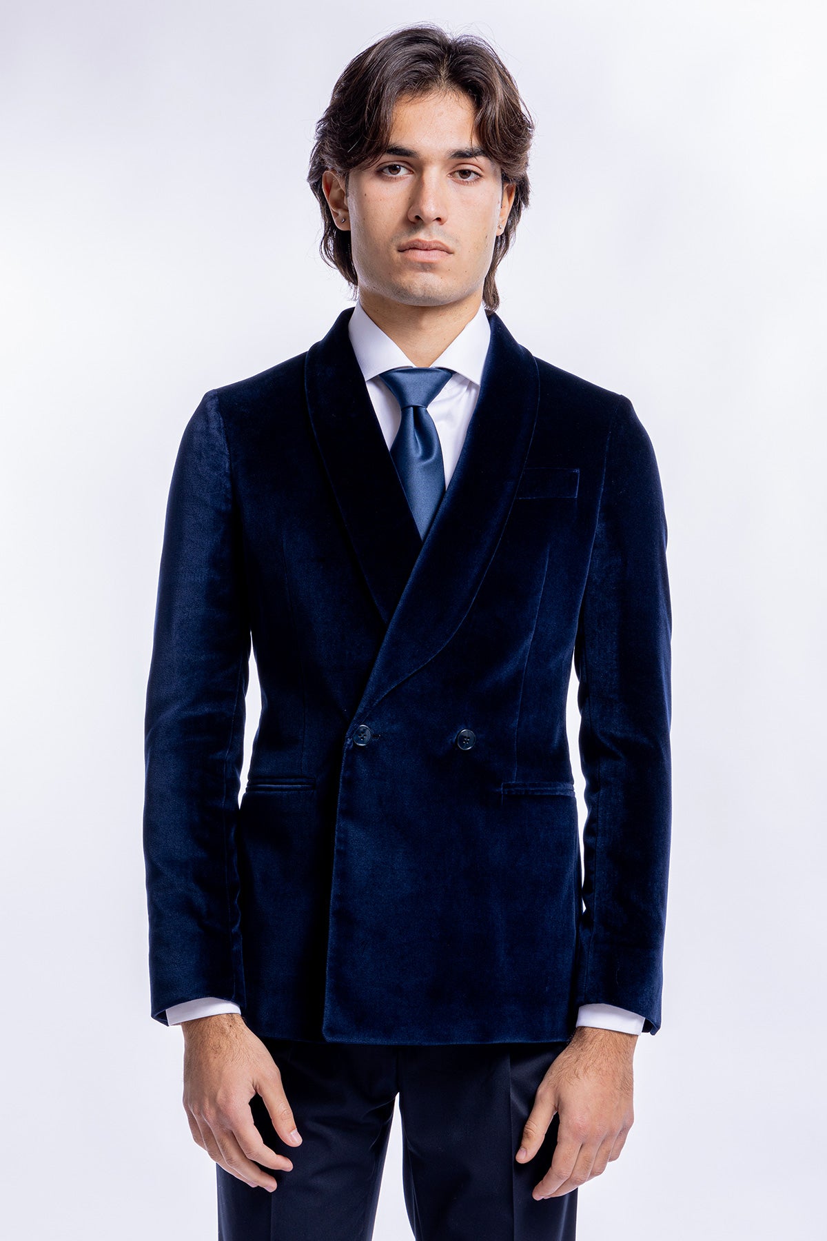 Giacca uomo doppiopetto navy blu in velluto liscio Holland & Sherry con rever a scialle