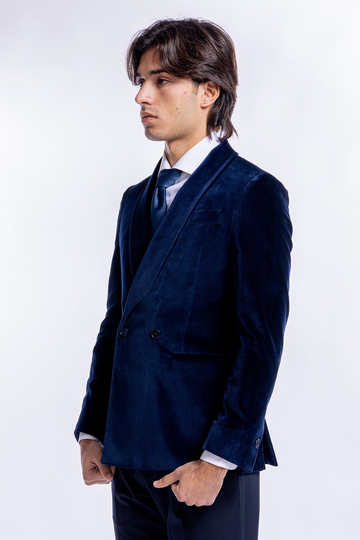Giacca uomo doppiopetto navy blu in velluto liscio Holland & Sherry con rever a scialle