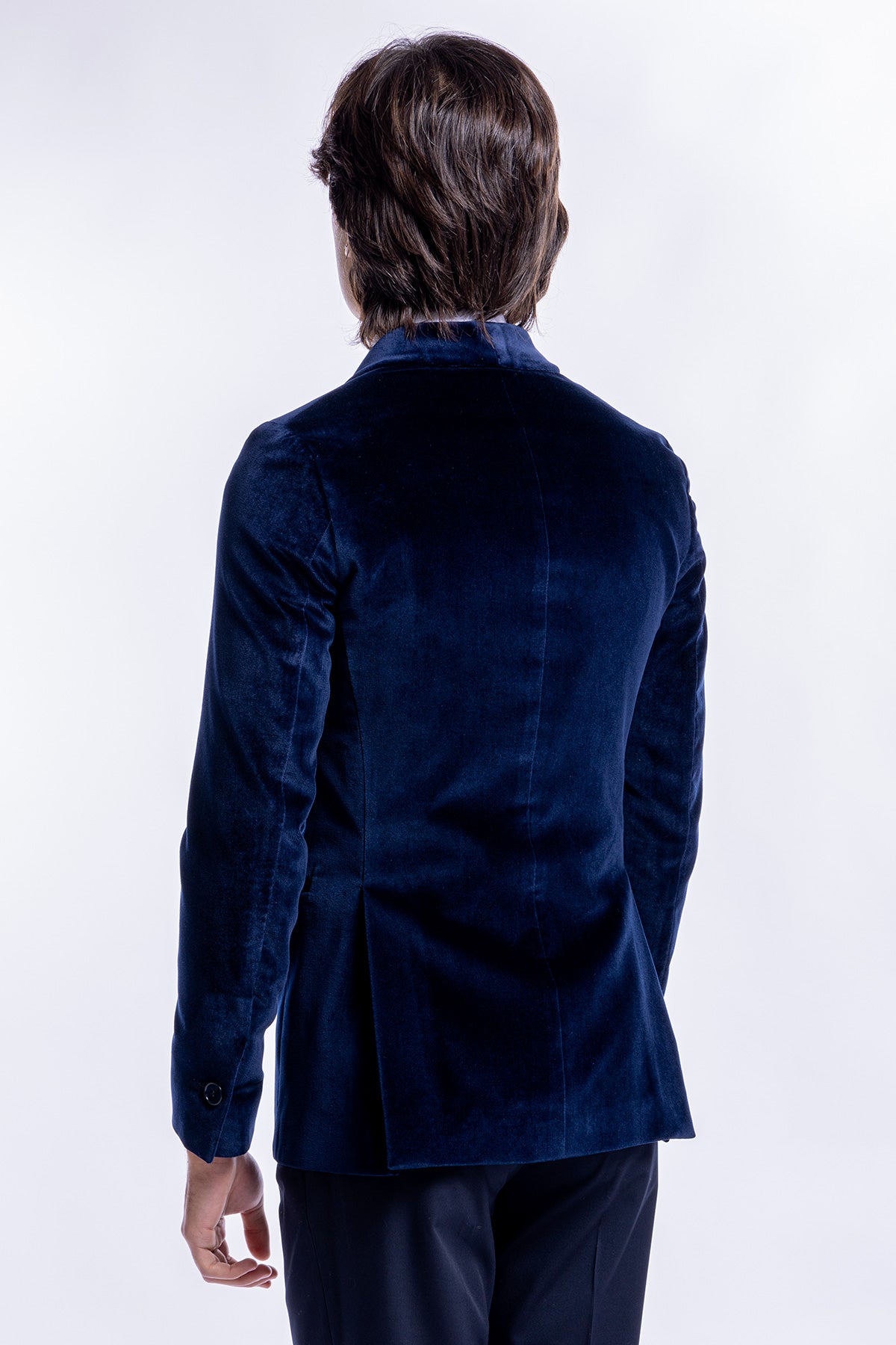 Giacca uomo doppiopetto navy blu in velluto liscio Holland & Sherry con rever a scialle