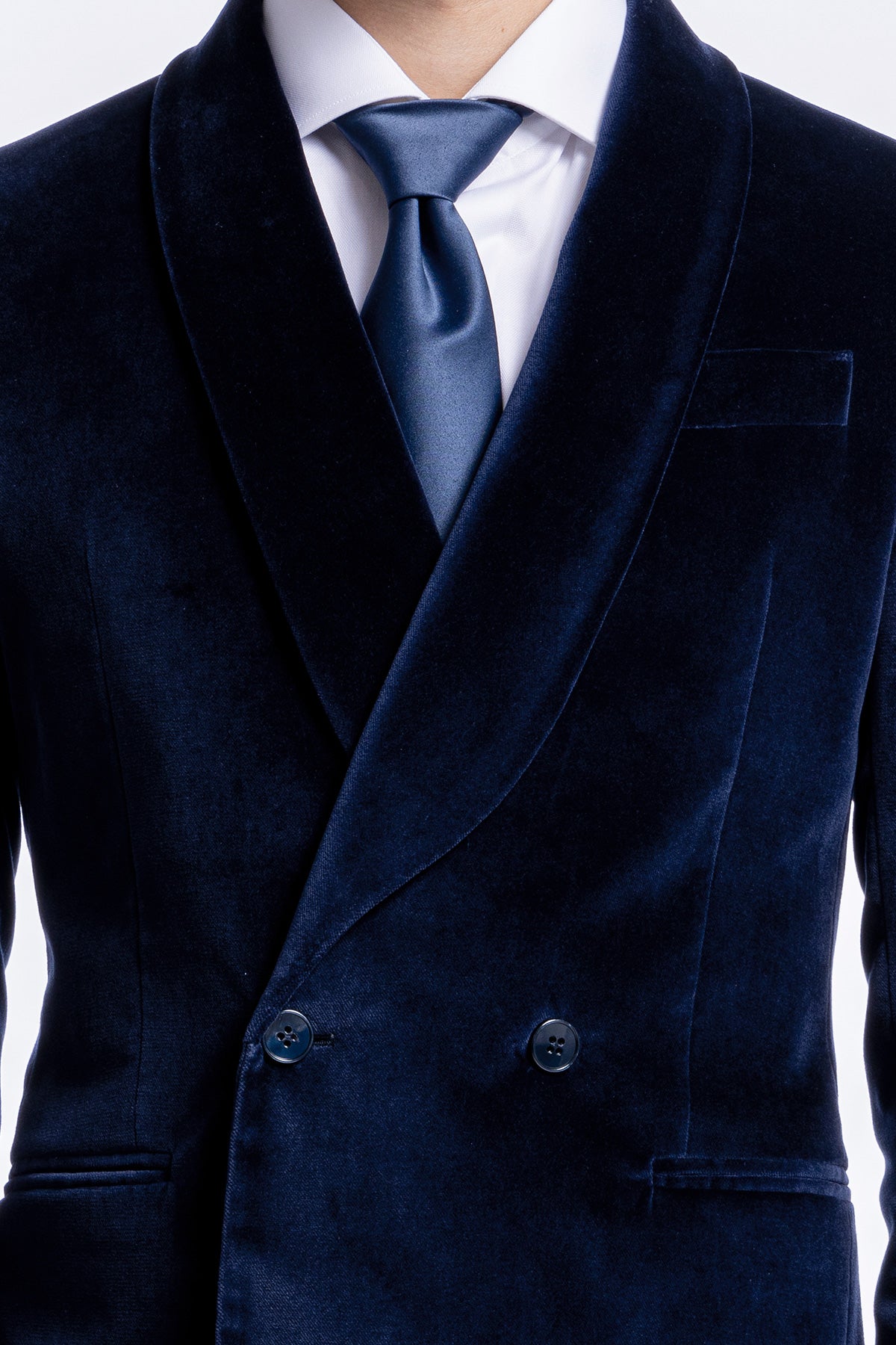 Giacca uomo doppiopetto navy blu in velluto liscio Holland & Sherry con rever a scialle