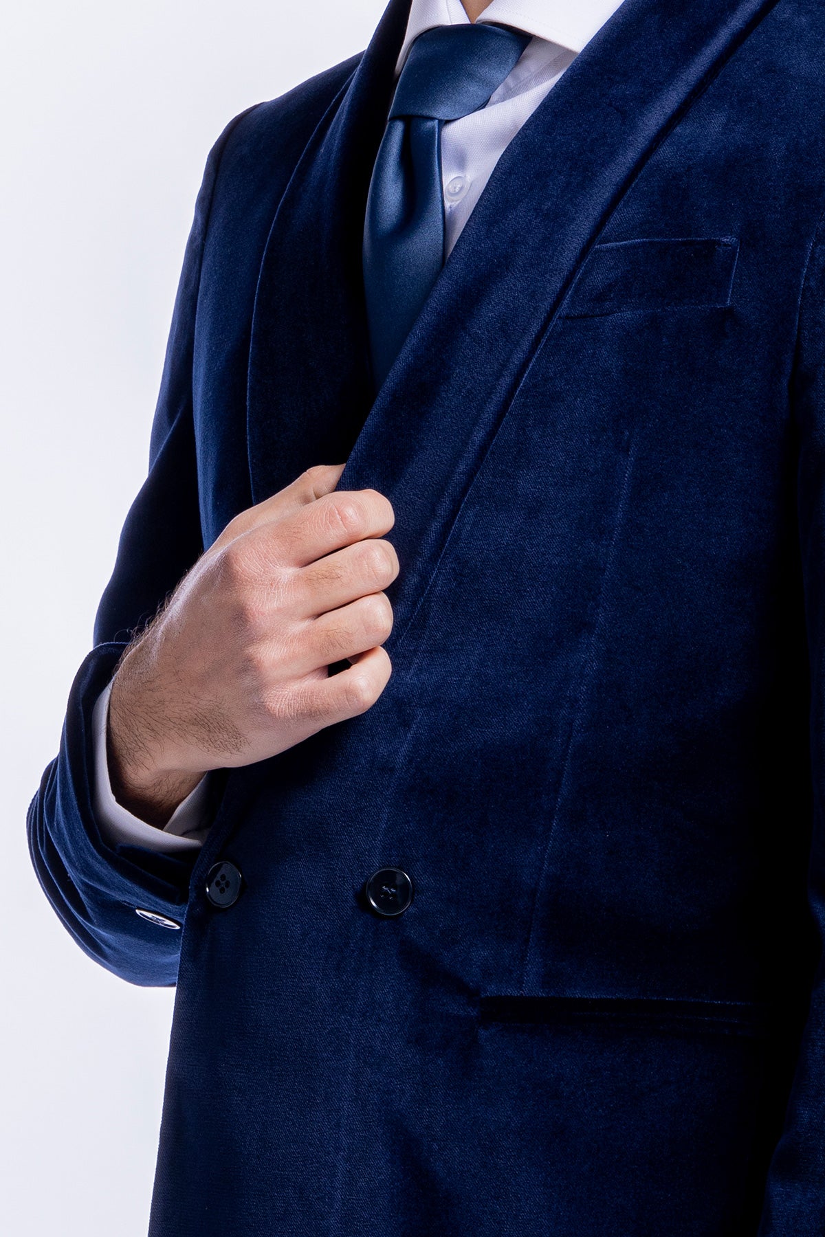 Giacca uomo doppiopetto navy blu in velluto liscio Holland & Sherry con rever a scialle
