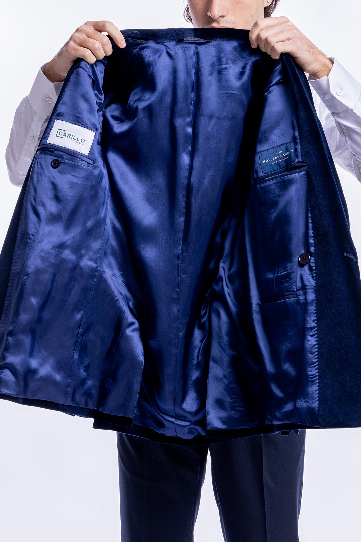 Giacca uomo doppiopetto navy blu in velluto liscio Holland & Sherry con rever a scialle