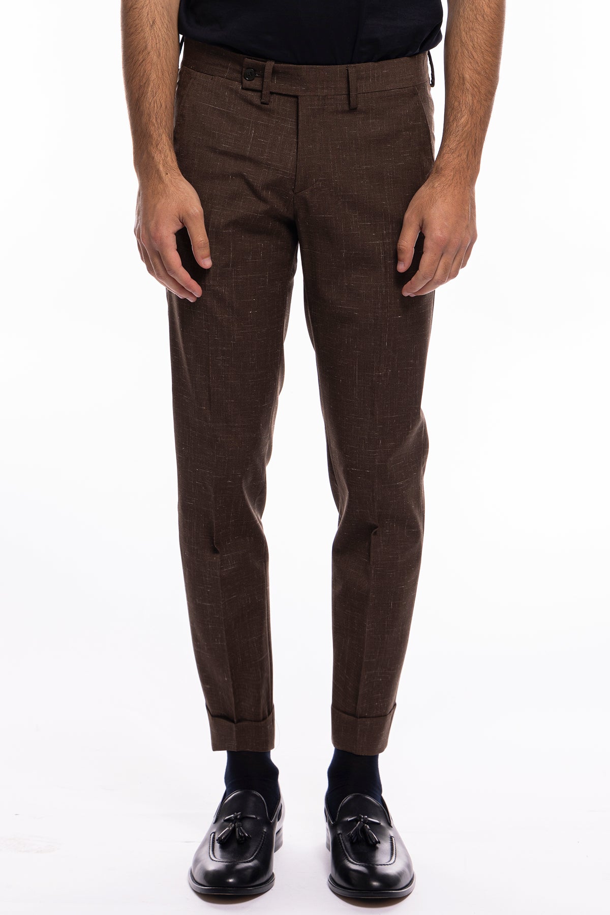 Pantalone uomo marrone pied de poule tasca america in fresco lana misto