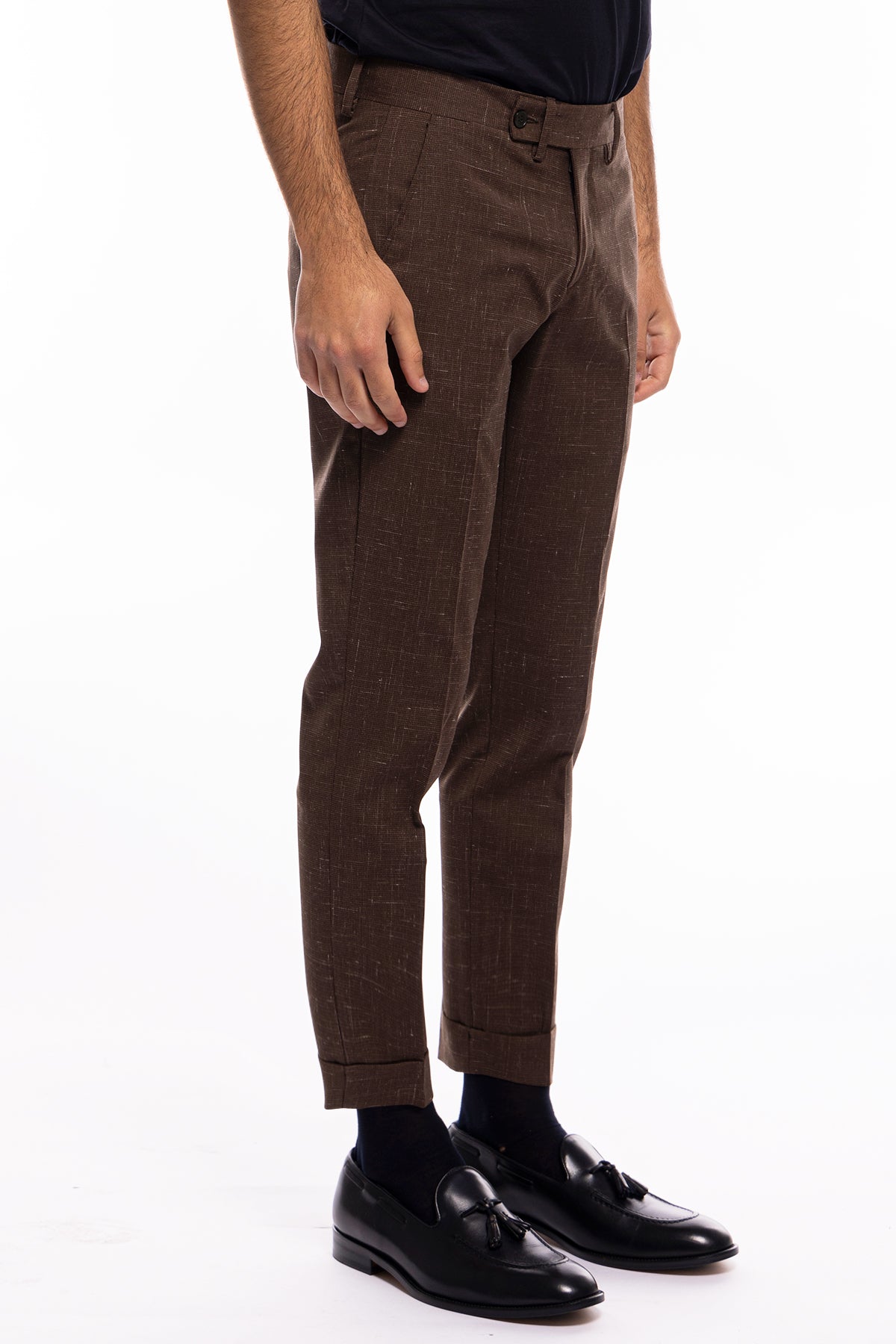 Pantalone uomo marrone pied de poule tasca america in fresco lana misto