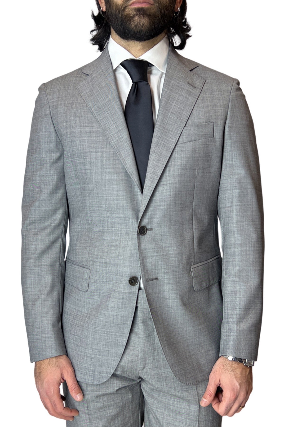 Giacca uomo monopetto grigio chiaro in fresco lana grisaglia super 130's Vestibilità Regular Fit Rever classico