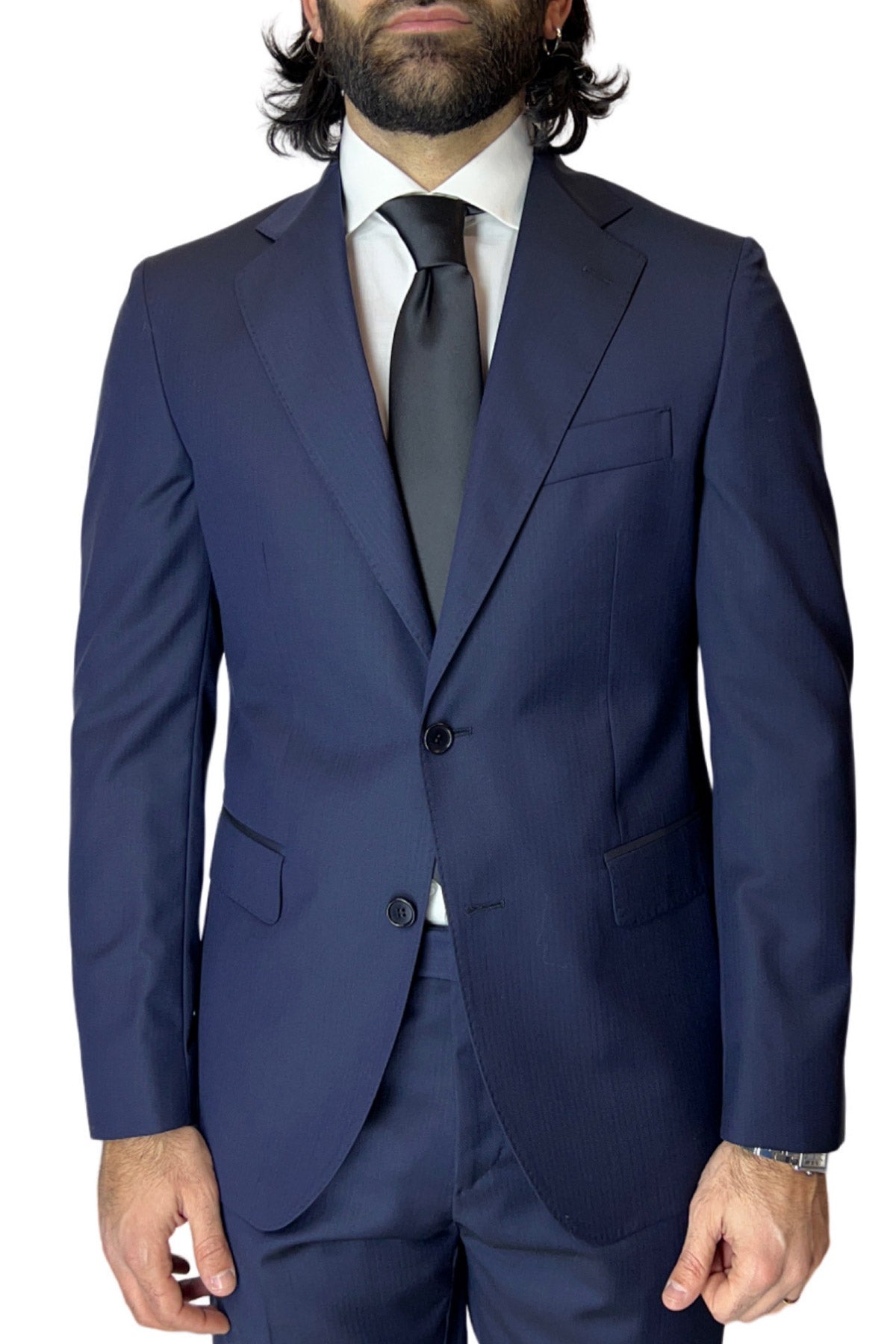 Giacca uomo monopetto navy blu fantasia Spigata tinta su tinta in fresco lana super 130's Vestibilità Regular Fit Rever classico