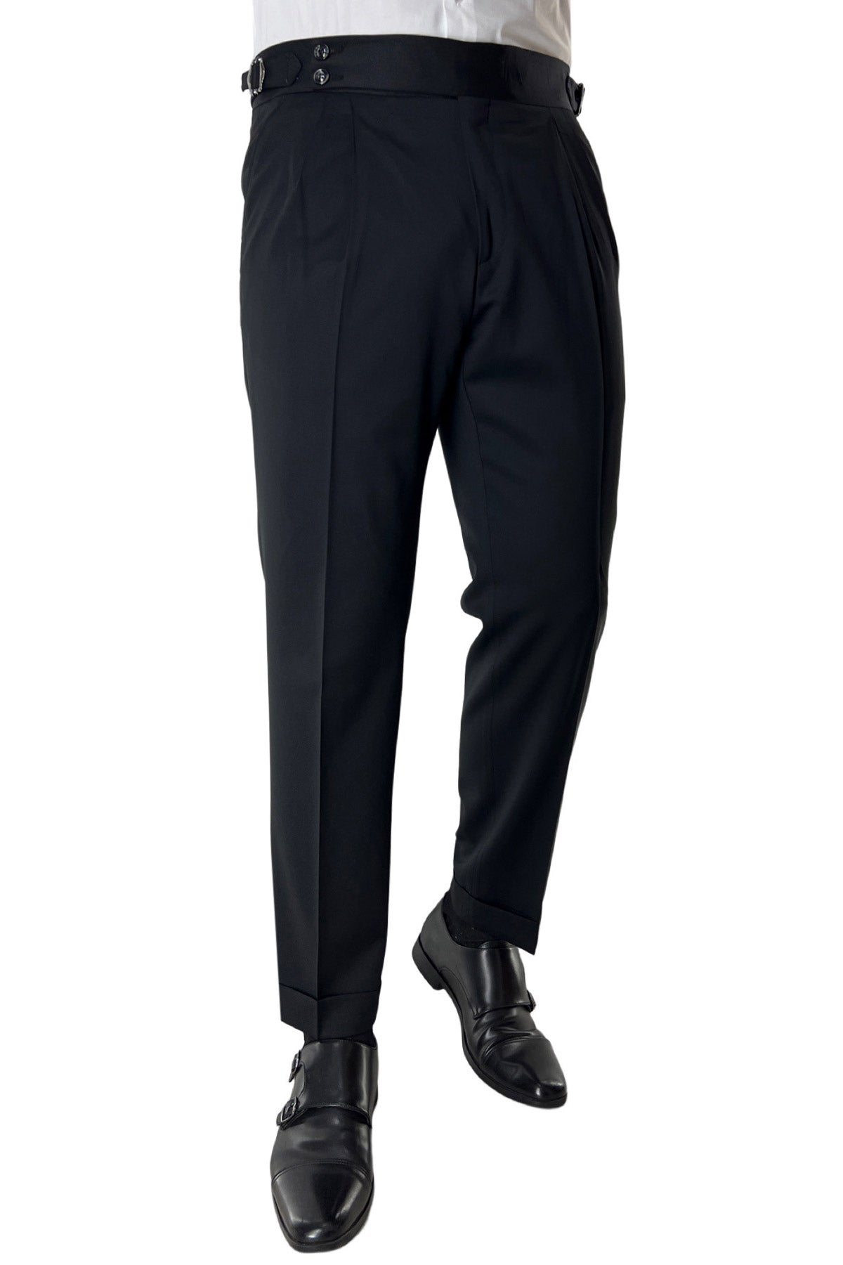 Abito smoking monopetto nera da uomo in fresco lana super 130's Vitale Barberis Canonico con rever a scialle largo in raso