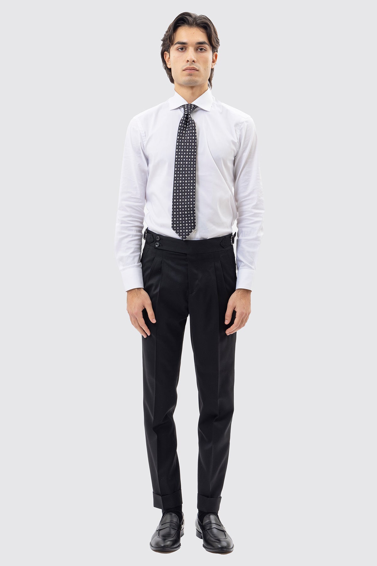 Pantalone uomo nero vita alta doppia pinces in fresco lana super 130's Vitale Barberis Canonico risvolto 5cm