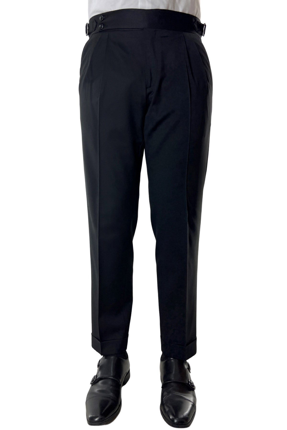 Abito smoking monopetto nera da uomo in fresco lana super 130's Vitale Barberis Canonico con rever a scialle largo in raso