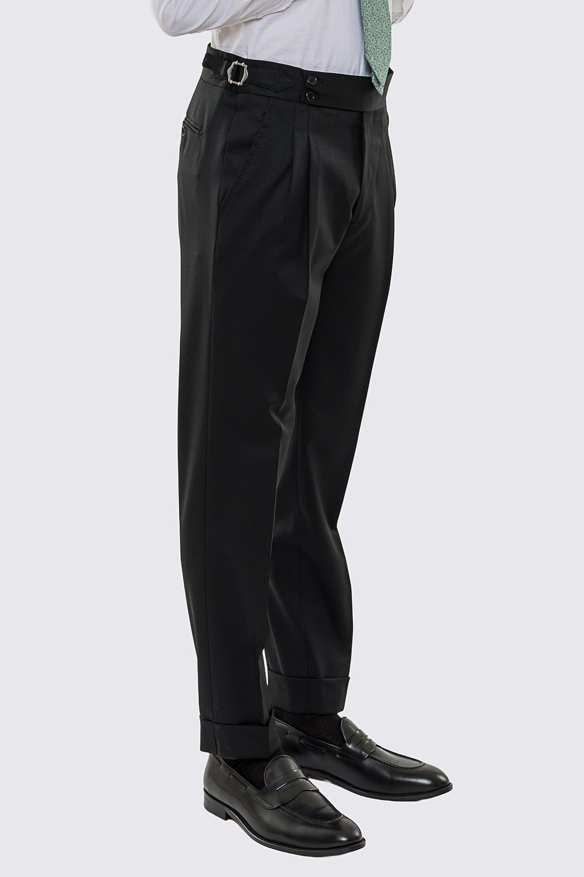 Pantalone uomo nero vita alta doppia pinces in fresco lana super 130's Vitale Barberis Canonico risvolto 5cm