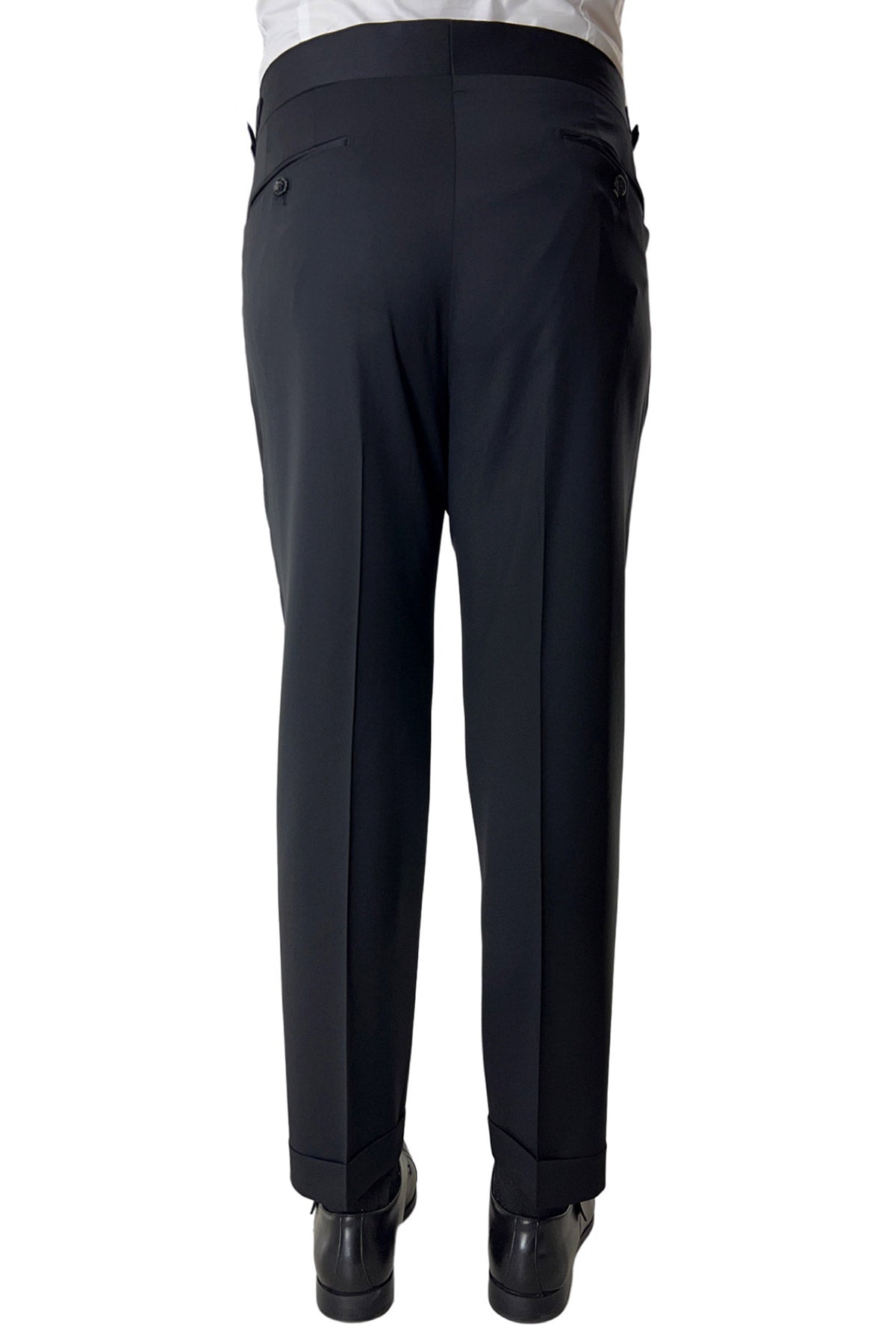 Abito smoking monopetto nera da uomo in fresco lana super 130's Vitale Barberis Canonico con rever a scialle largo in raso
