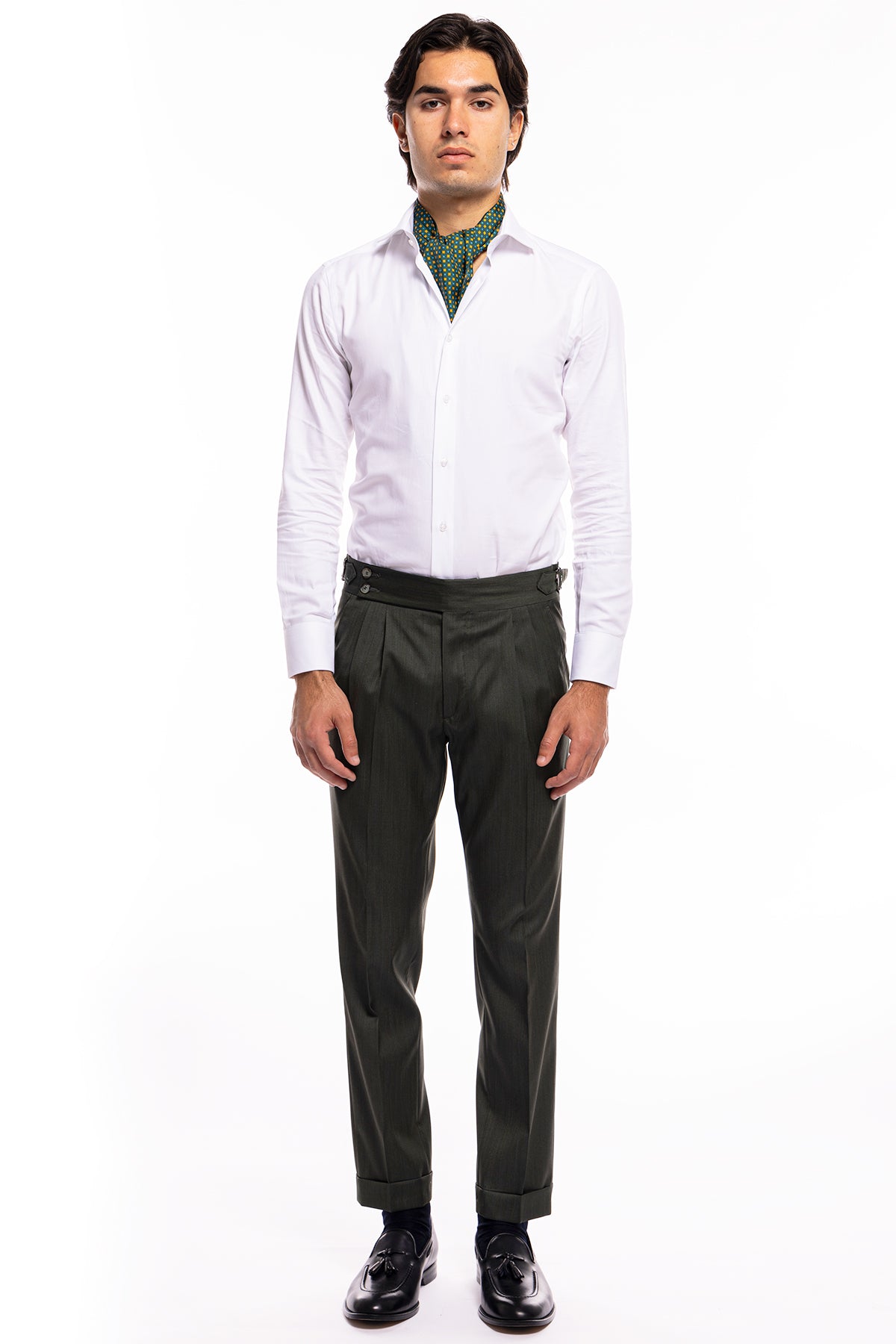 Pantalone uomo verde militare Solaro vita alta doppia pinces in fresco lana e seta Vitale Barberis Canonico