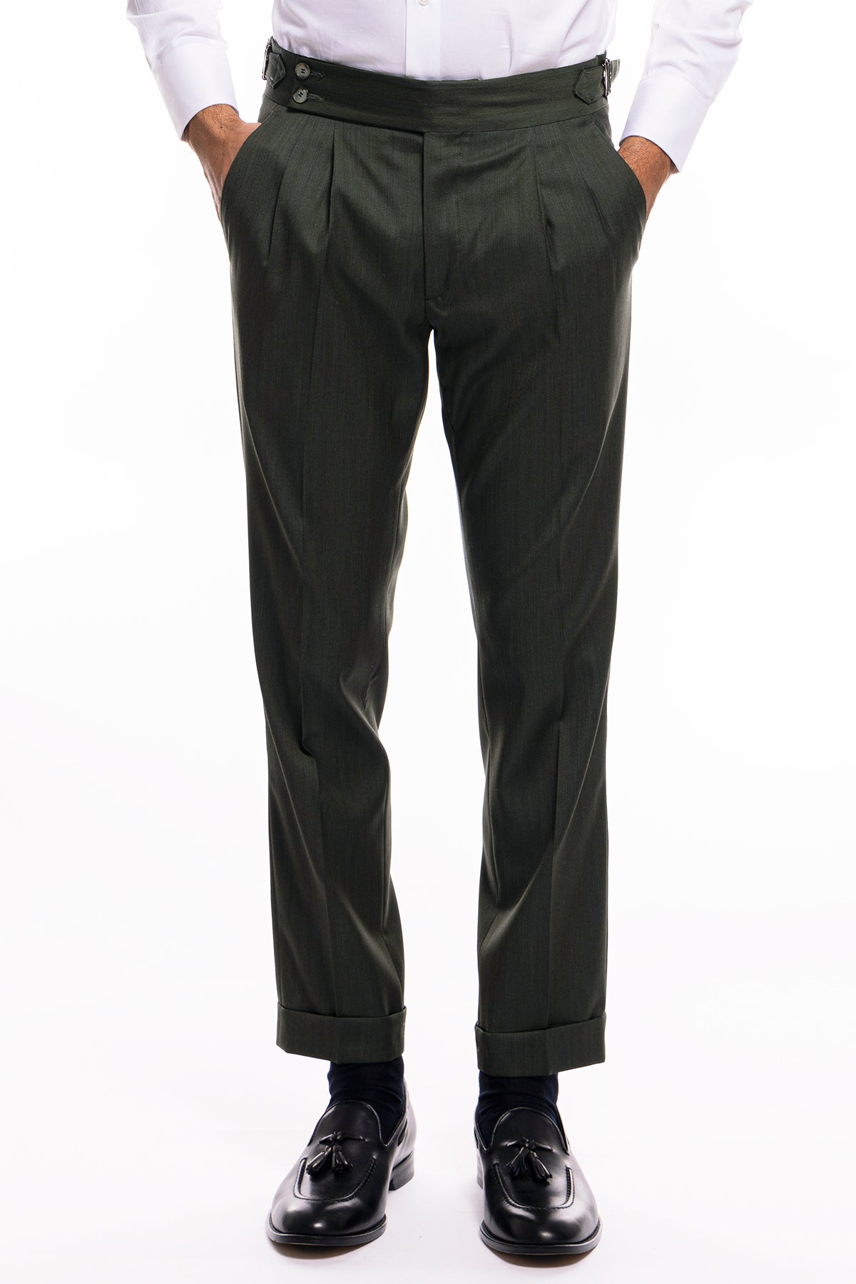 Pantalone uomo verde militare Solaro vita alta doppia pinces in fresco lana e seta Vitale Barberis Canonico