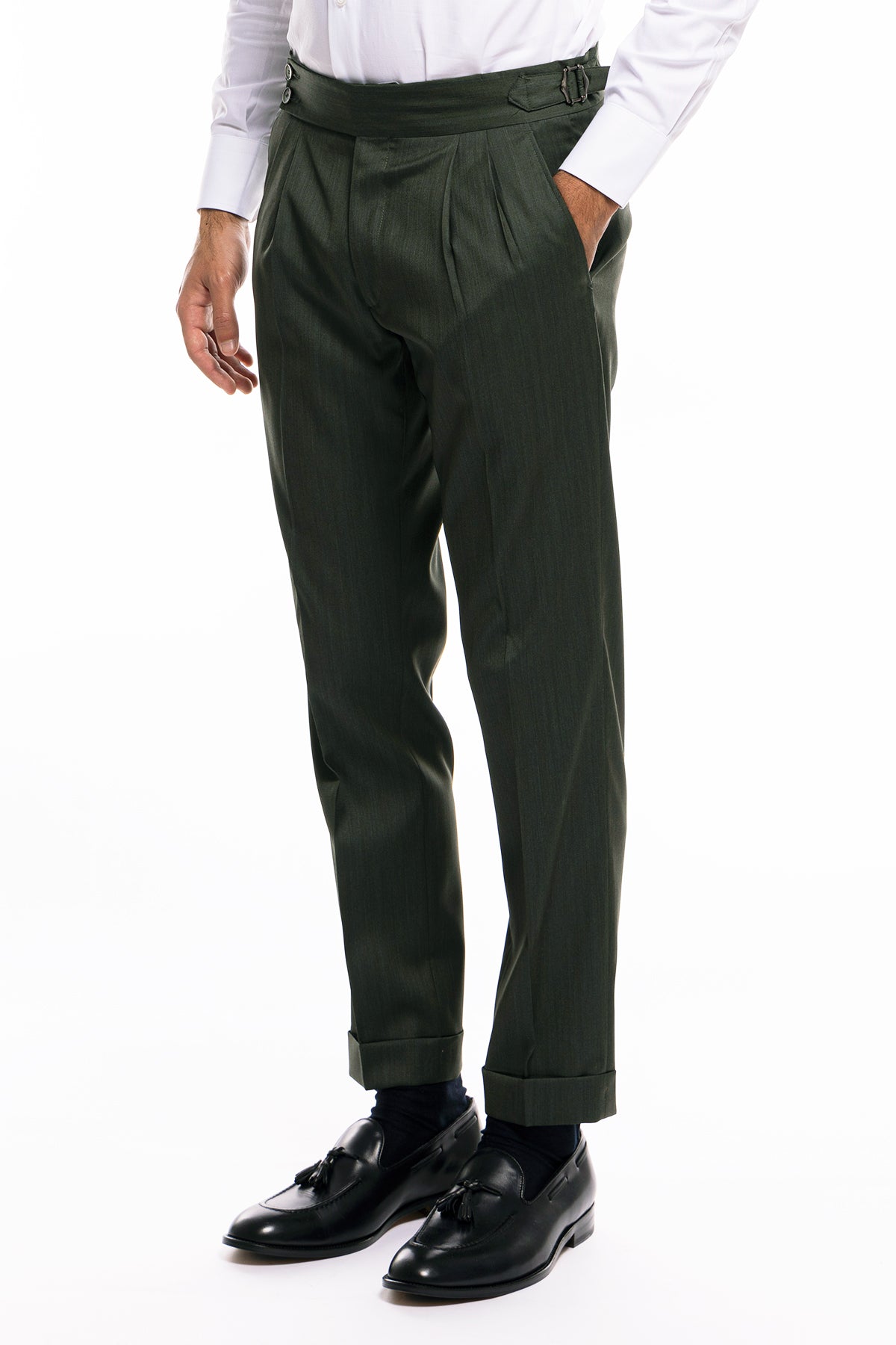 Pantalone uomo verde militare Solaro vita alta doppia pinces in fresco lana e seta Vitale Barberis Canonico