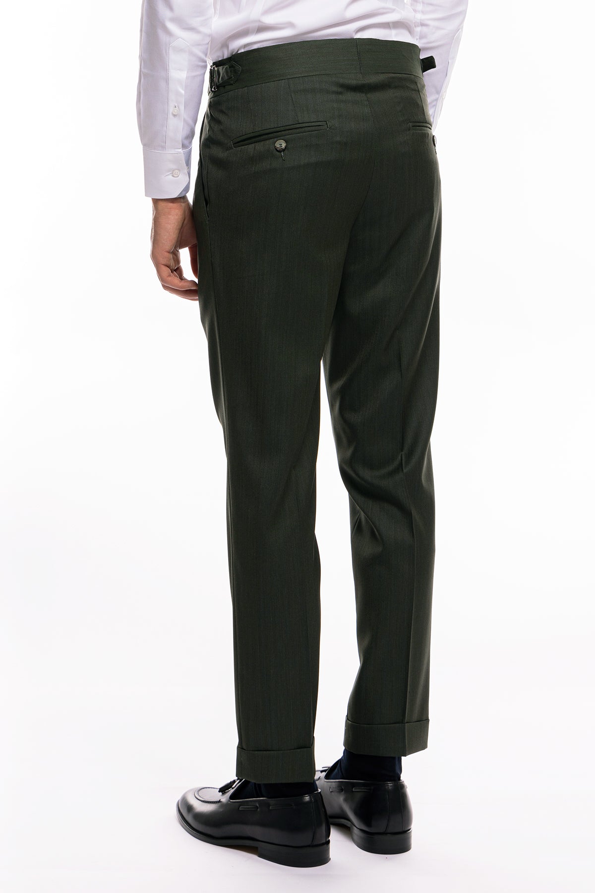 Pantalone uomo verde militare Solaro vita alta doppia pinces in fresco lana e seta Vitale Barberis Canonico