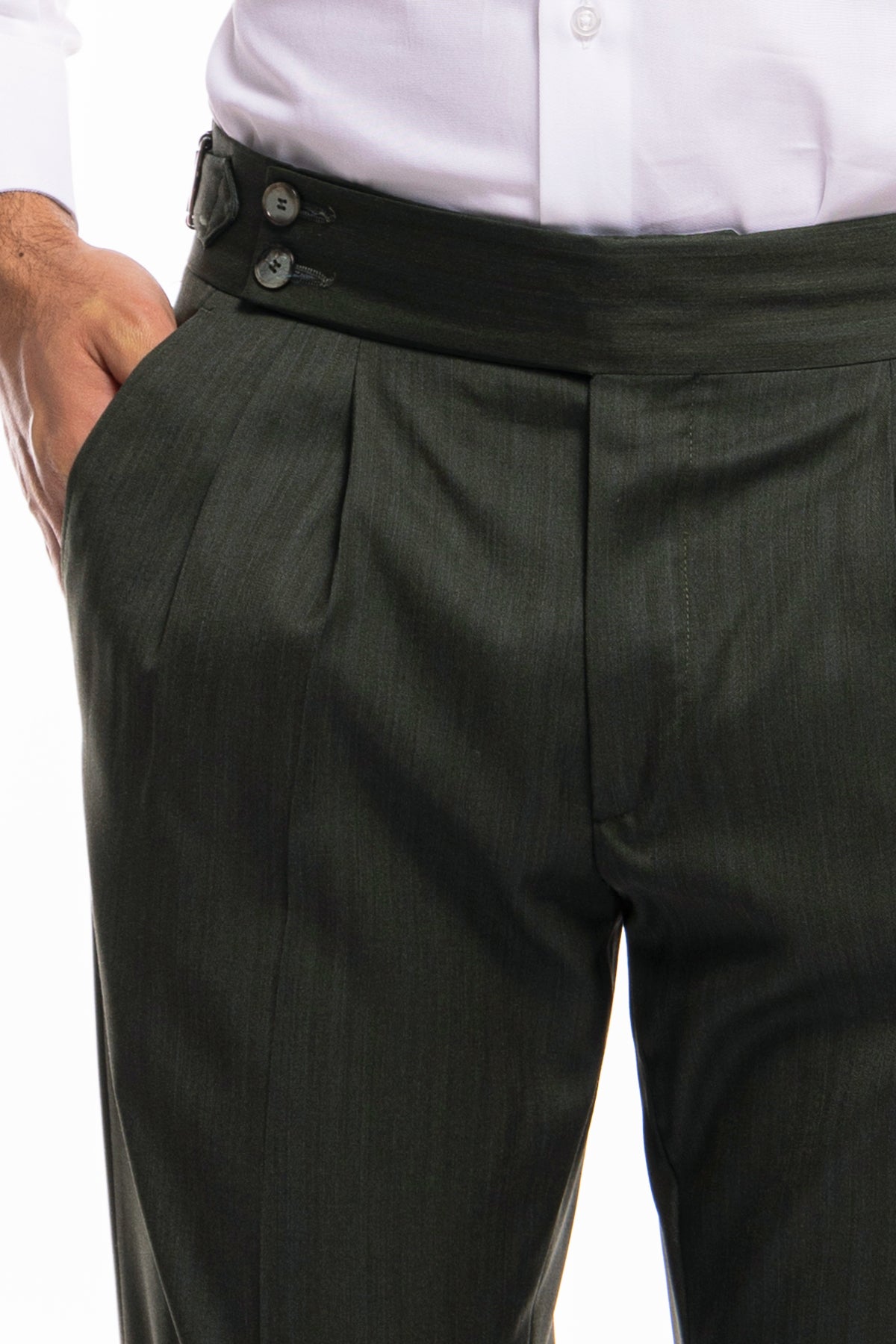 Pantalone uomo verde militare Solaro vita alta doppia pinces in fresco lana e seta Vitale Barberis Canonico