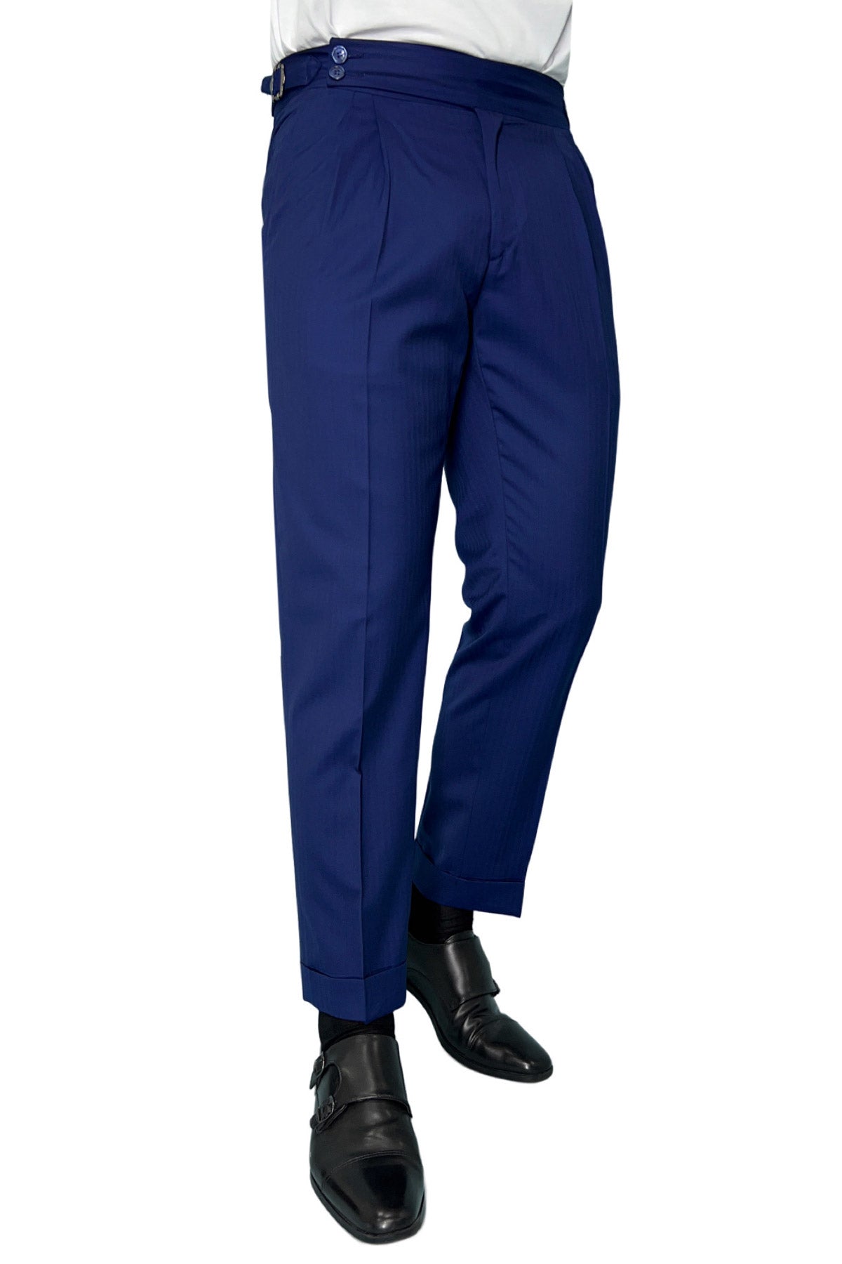 Pantalone uomo royal blu Solaro vita alta doppia pinces in fresco lana e seta Holland & Sherry
