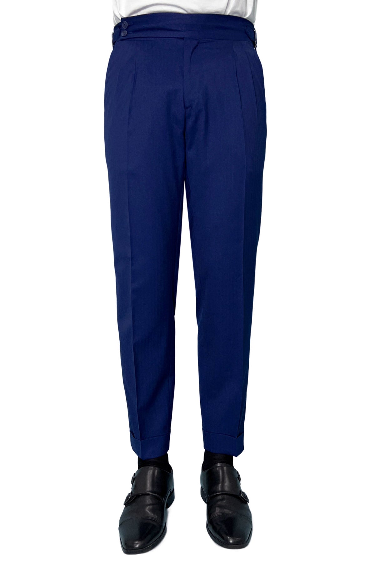 Pantalone uomo royal blu Solaro vita alta doppia pinces in fresco lana e seta Holland & Sherry