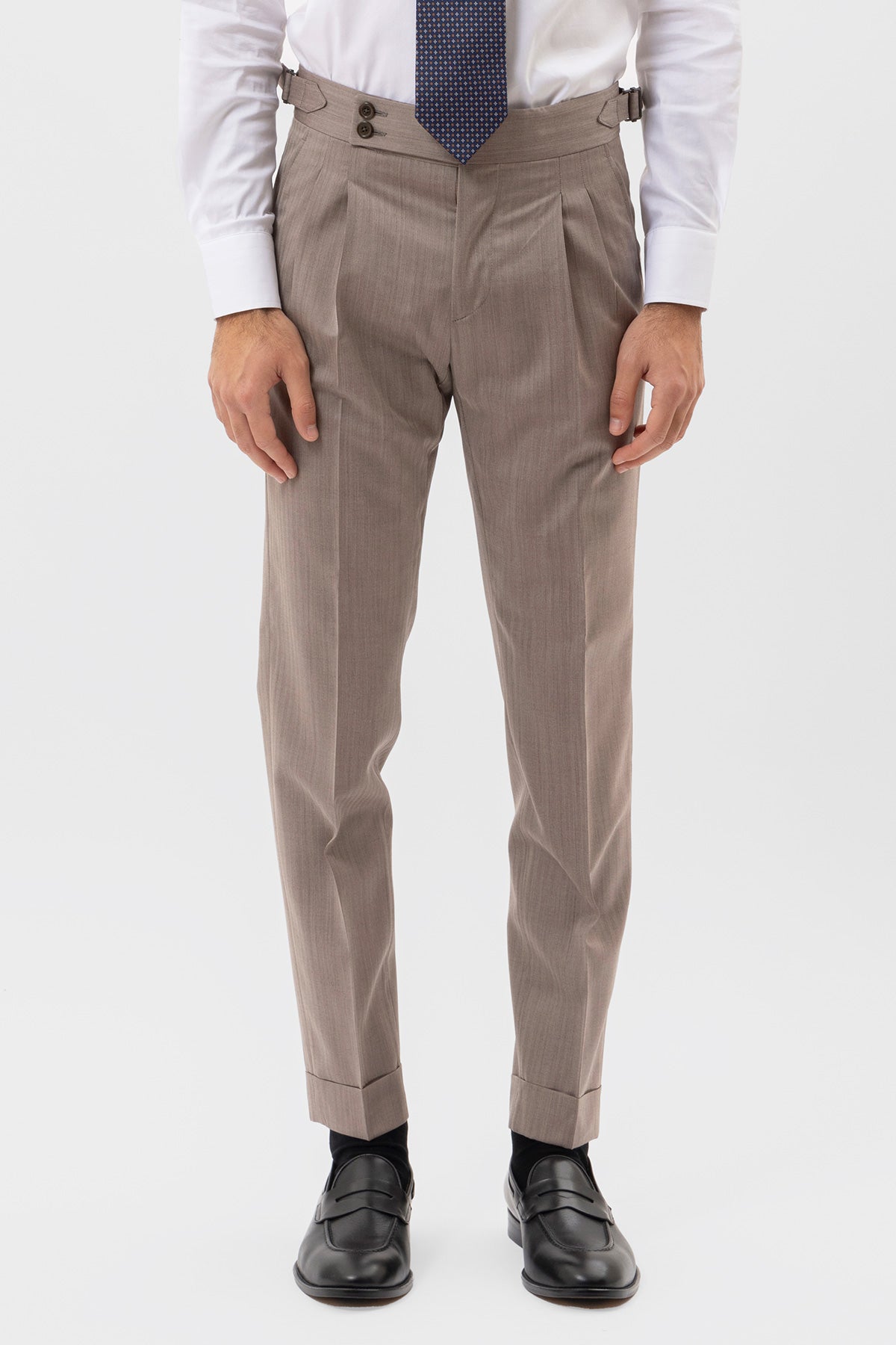Pantalone uomo vita alta tortora fresco lana e seta solaro Holland & Sherry doppia pinces
