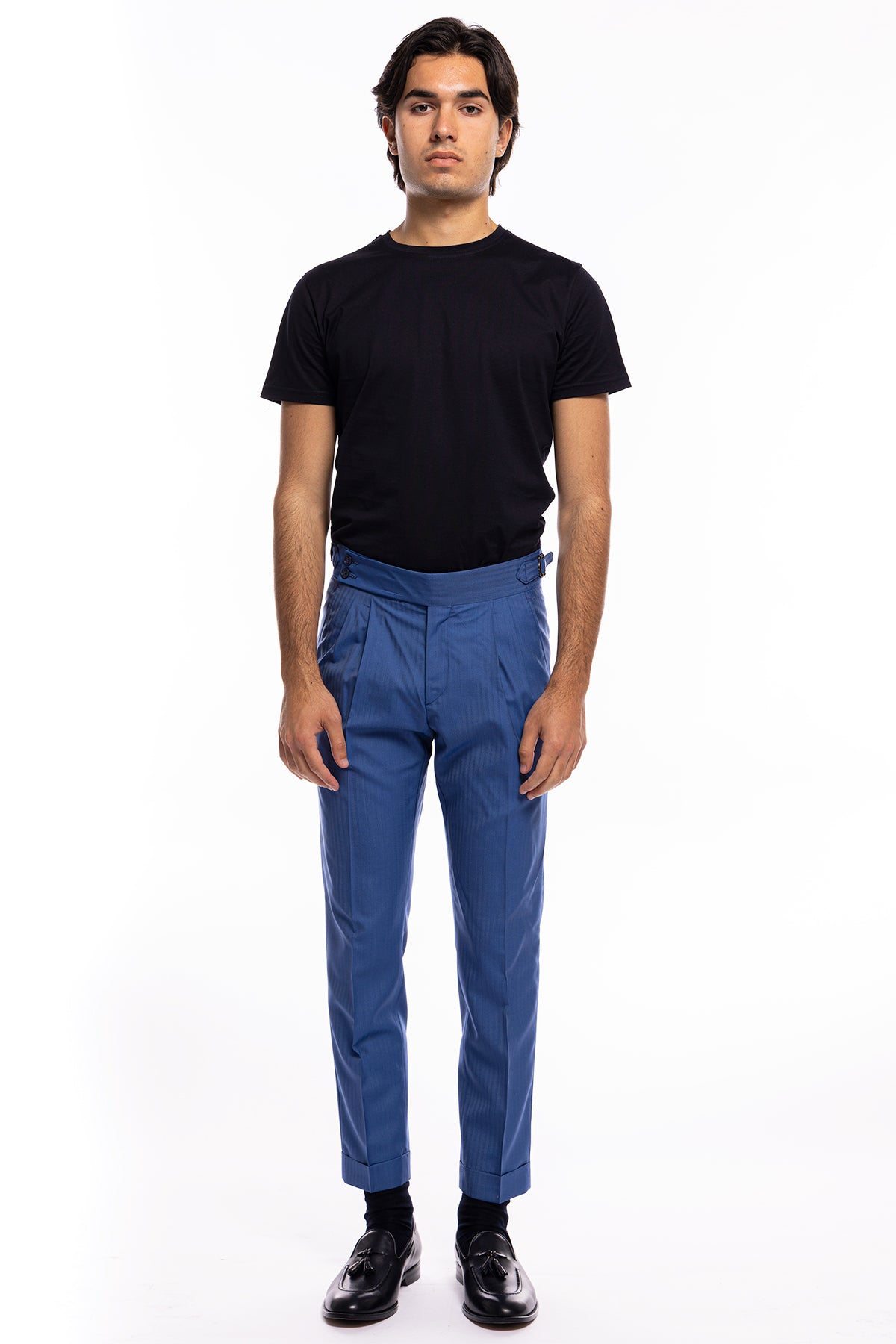 Pantalone uomo azzurro Solaro vita alta doppia pinces in fresco lana e seta Holland & Sherry