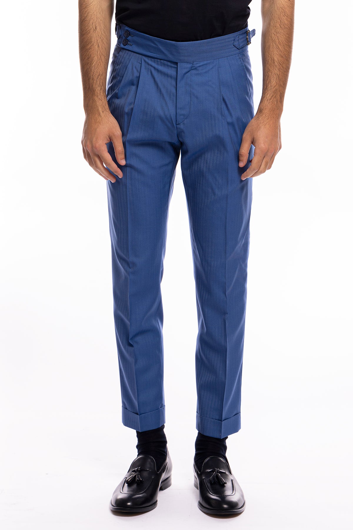 Pantalone uomo azzurro Solaro vita alta doppia pinces in fresco lana e seta Holland & Sherry