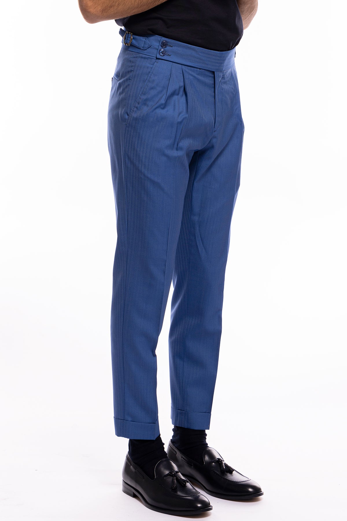 Pantalone uomo azzurro Solaro vita alta doppia pinces in fresco lana e seta Holland & Sherry
