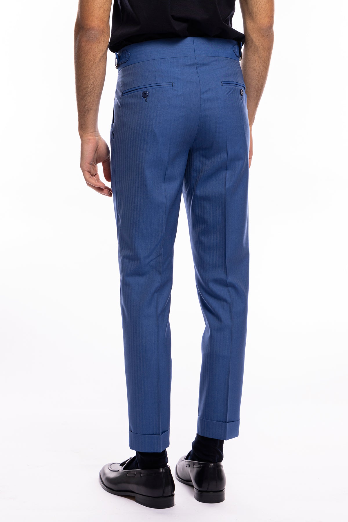 Pantalone uomo azzurro Solaro vita alta doppia pinces in fresco lana e seta Holland & Sherry