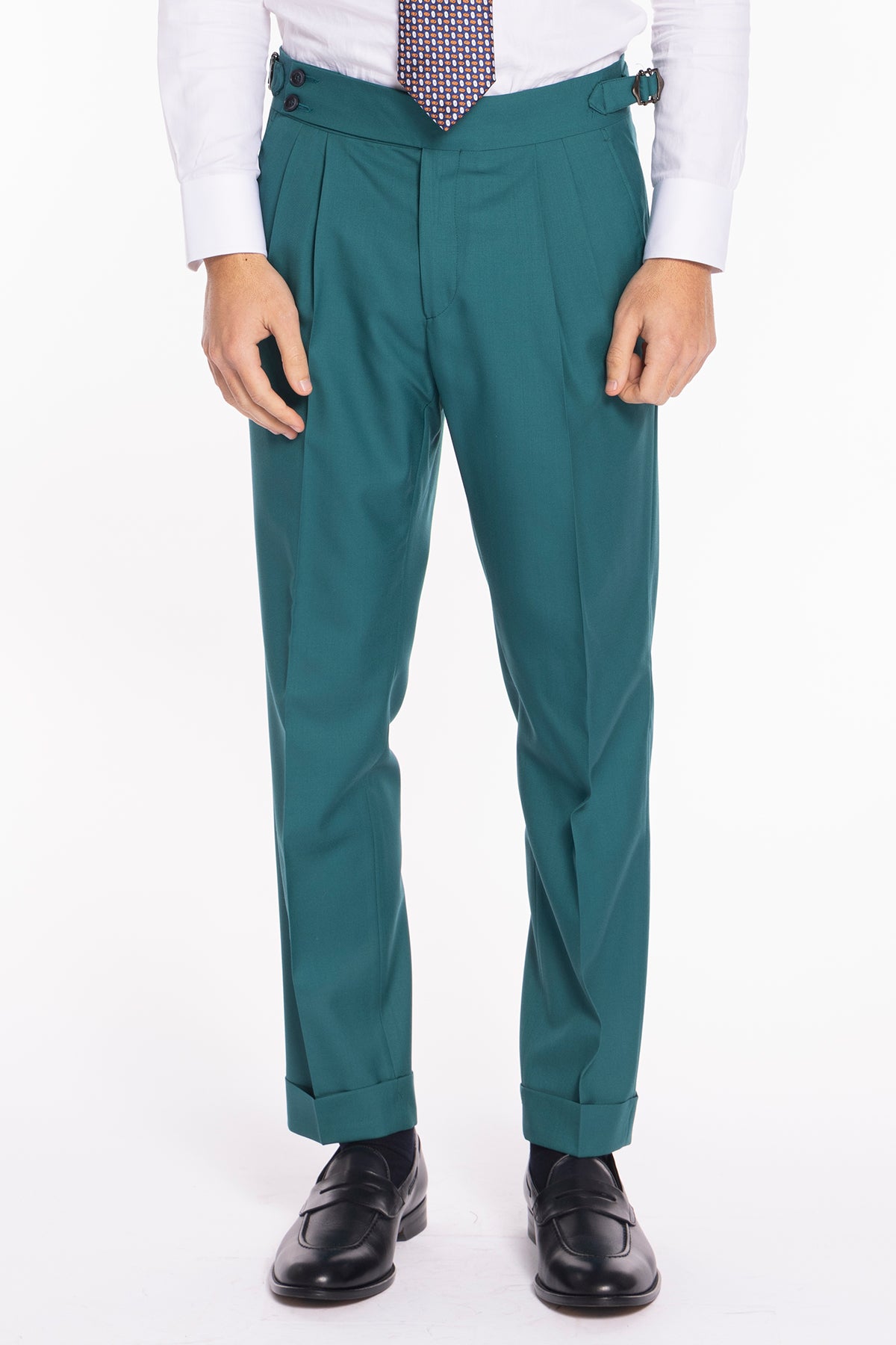 Pantalone uomo verde menta vita alta doppia pinces in fresco lana super 140's Holland & Sherry