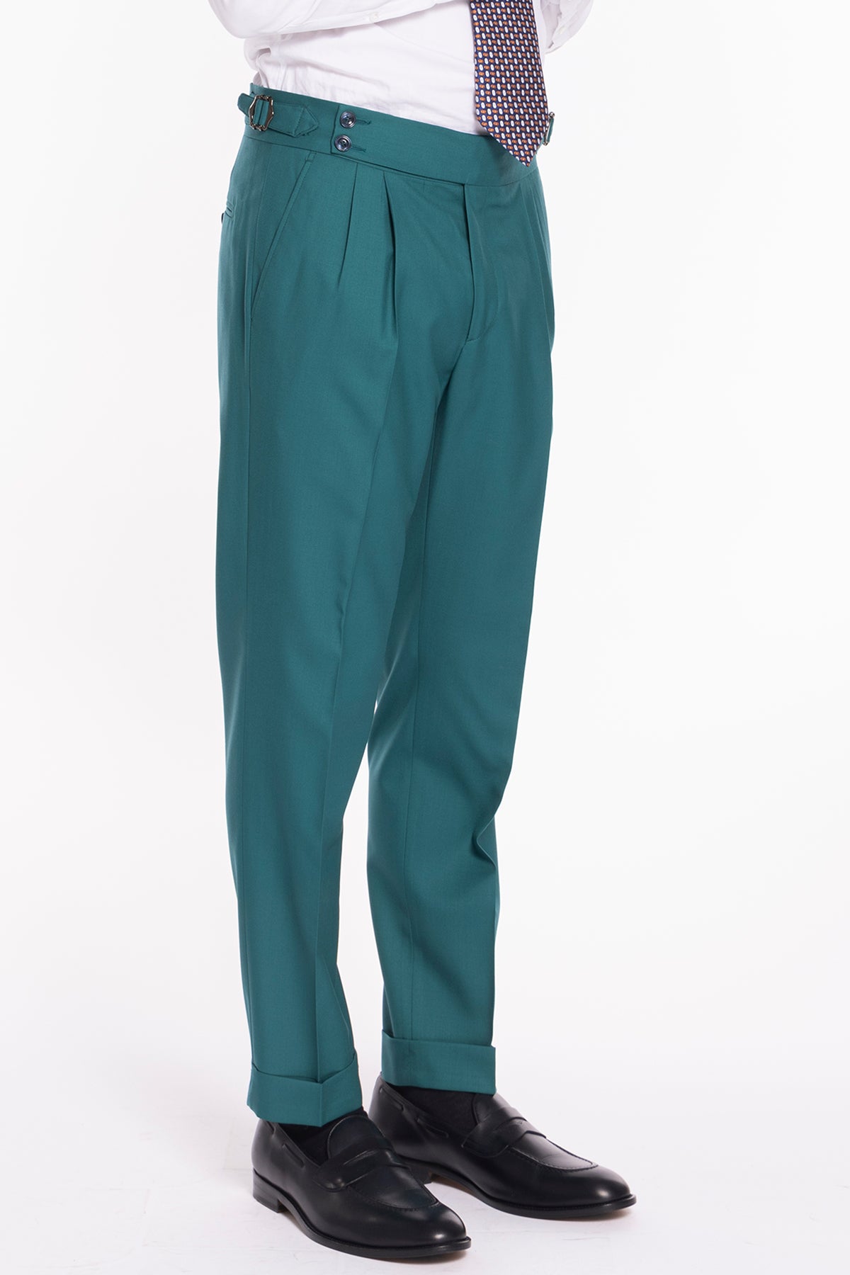 Pantalone uomo verde menta vita alta doppia pinces in fresco lana super 140's Holland & Sherry
