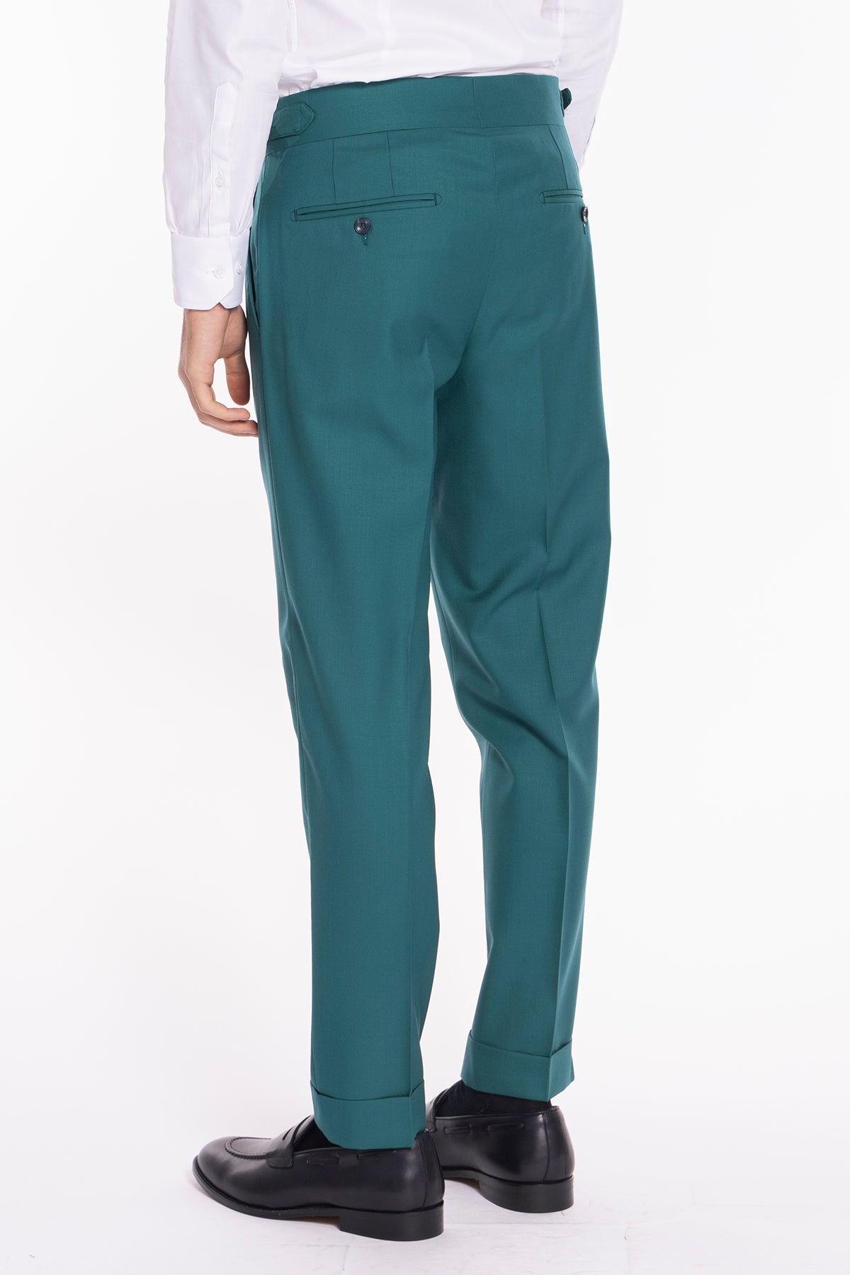Pantalone uomo verde menta vita alta doppia pinces in fresco lana super 140's Holland & Sherry