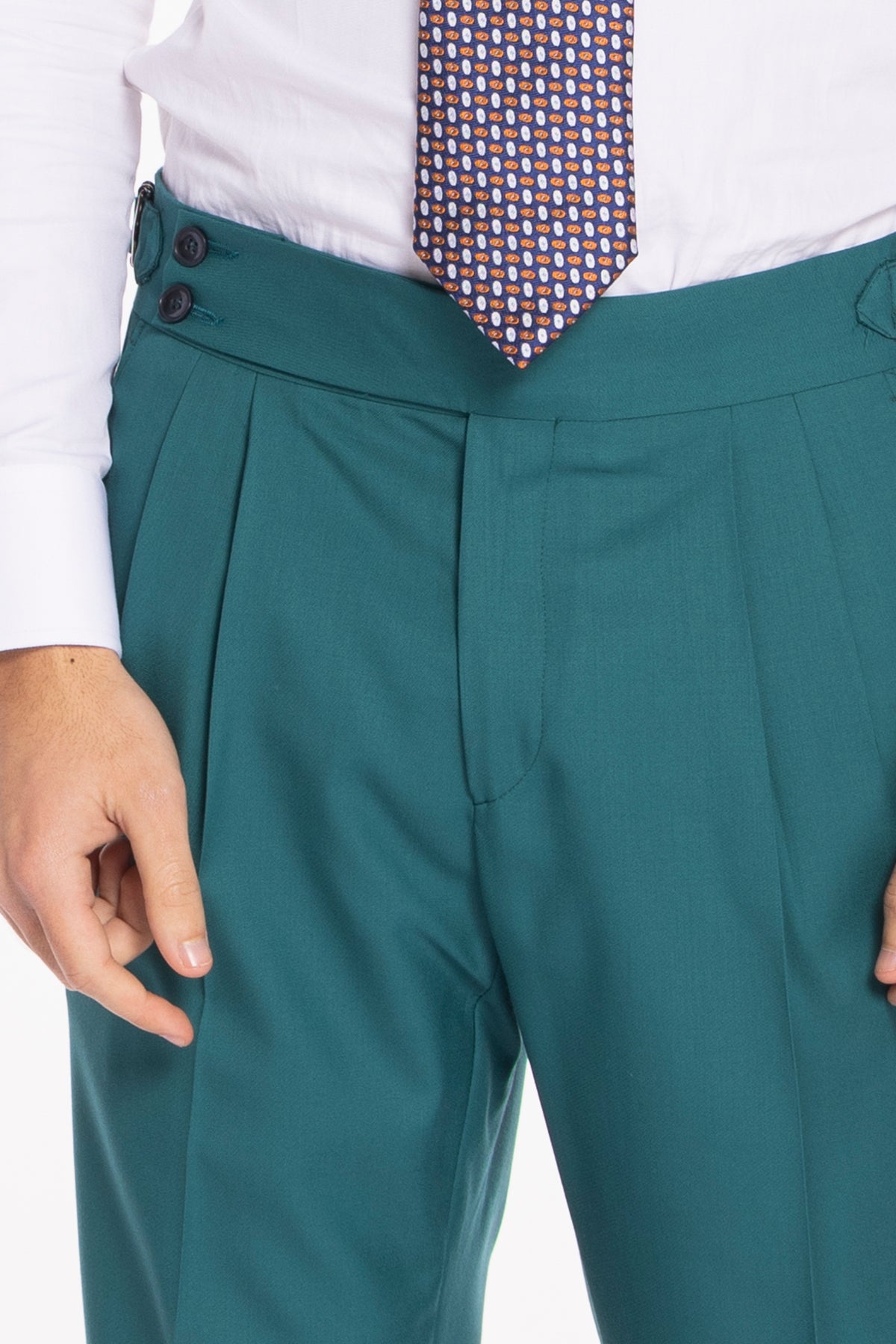 Pantalone uomo verde menta vita alta doppia pinces in fresco lana super 140's Holland & Sherry