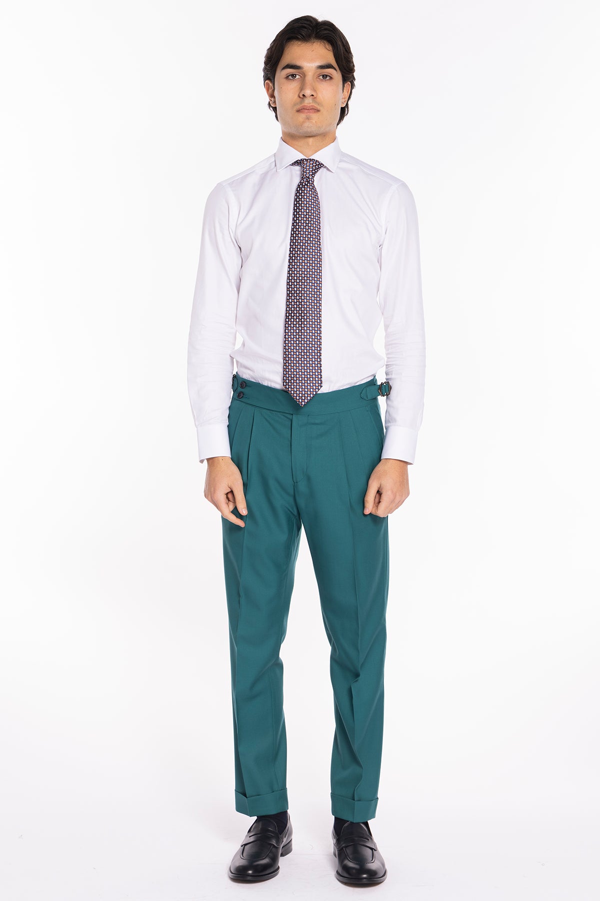 Pantalone uomo verde menta vita alta doppia pinces in fresco lana super 140's Holland & Sherry