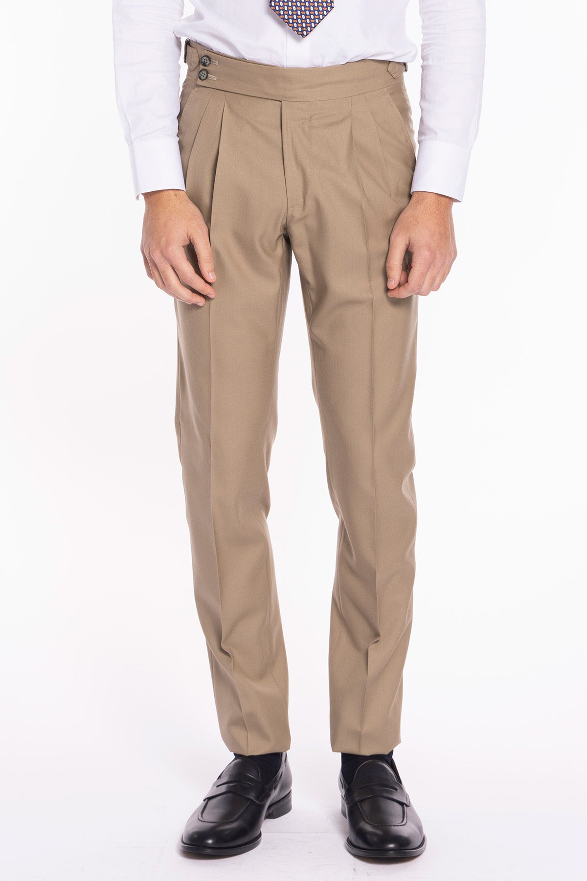 Pantalone uomo Beige vita alta doppia pinces in fresco lana super 140's Holland & Sherry