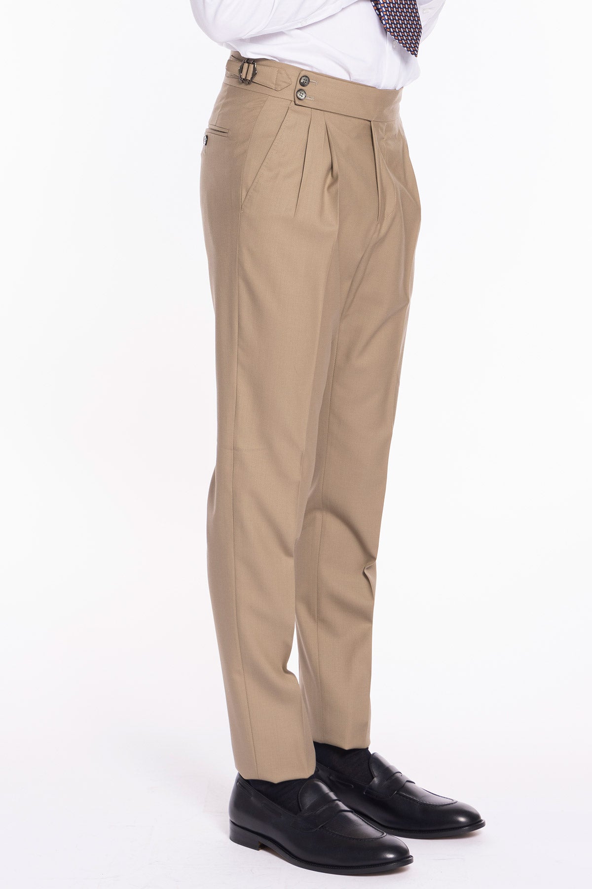 Pantalone uomo Beige vita alta doppia pinces in fresco lana super 140's Holland & Sherry