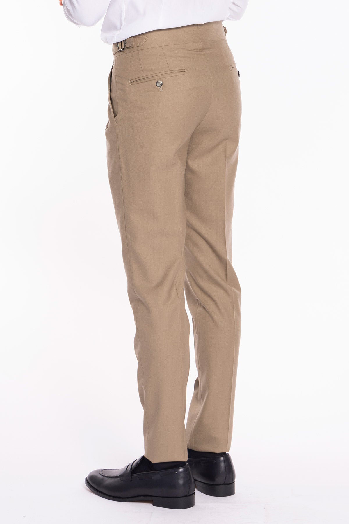 Pantalone uomo Beige vita alta doppia pinces in fresco lana super 140's Holland & Sherry