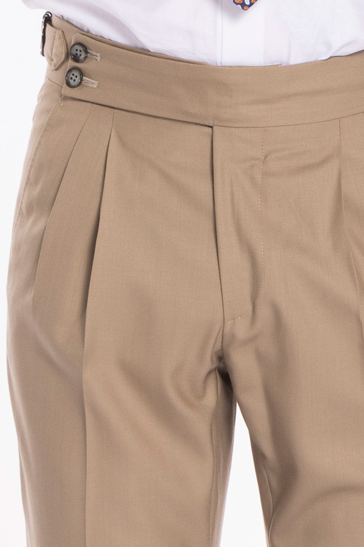 Pantalone uomo Beige vita alta doppia pinces in fresco lana super 140's Holland & Sherry