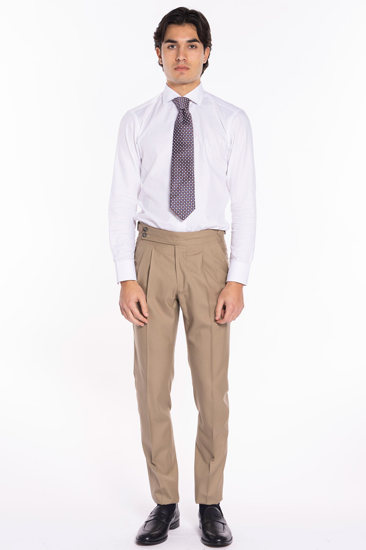 Pantalone uomo Beige vita alta doppia pinces in fresco lana super 140's Holland & Sherry